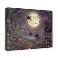 Halloween Night Canvas Print — Spooky Pumpkin, Skeletons & Moonlit Haunted Castle