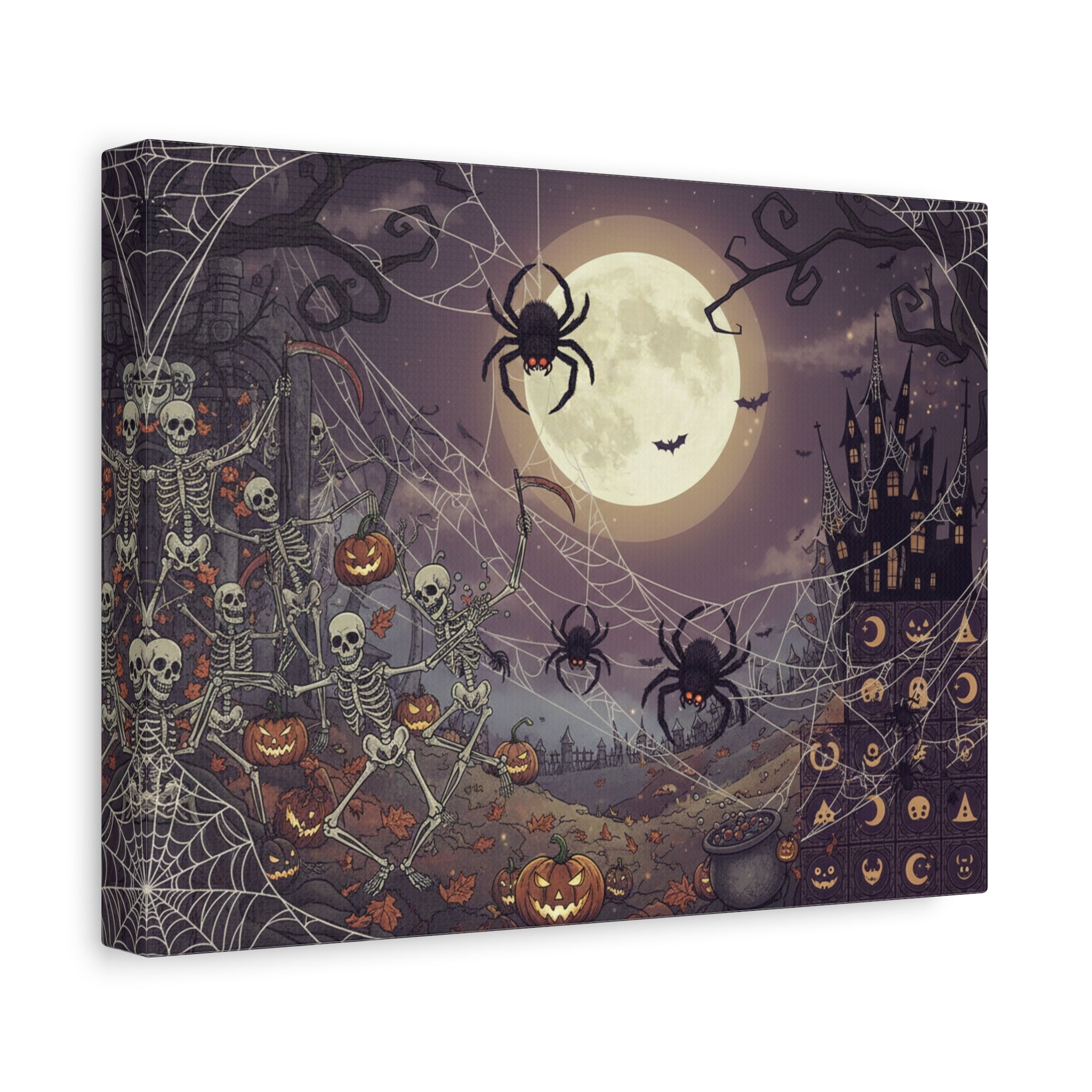 Halloween Night Canvas Print — Spooky Pumpkin, Skeletons & Moonlit Haunted Castle