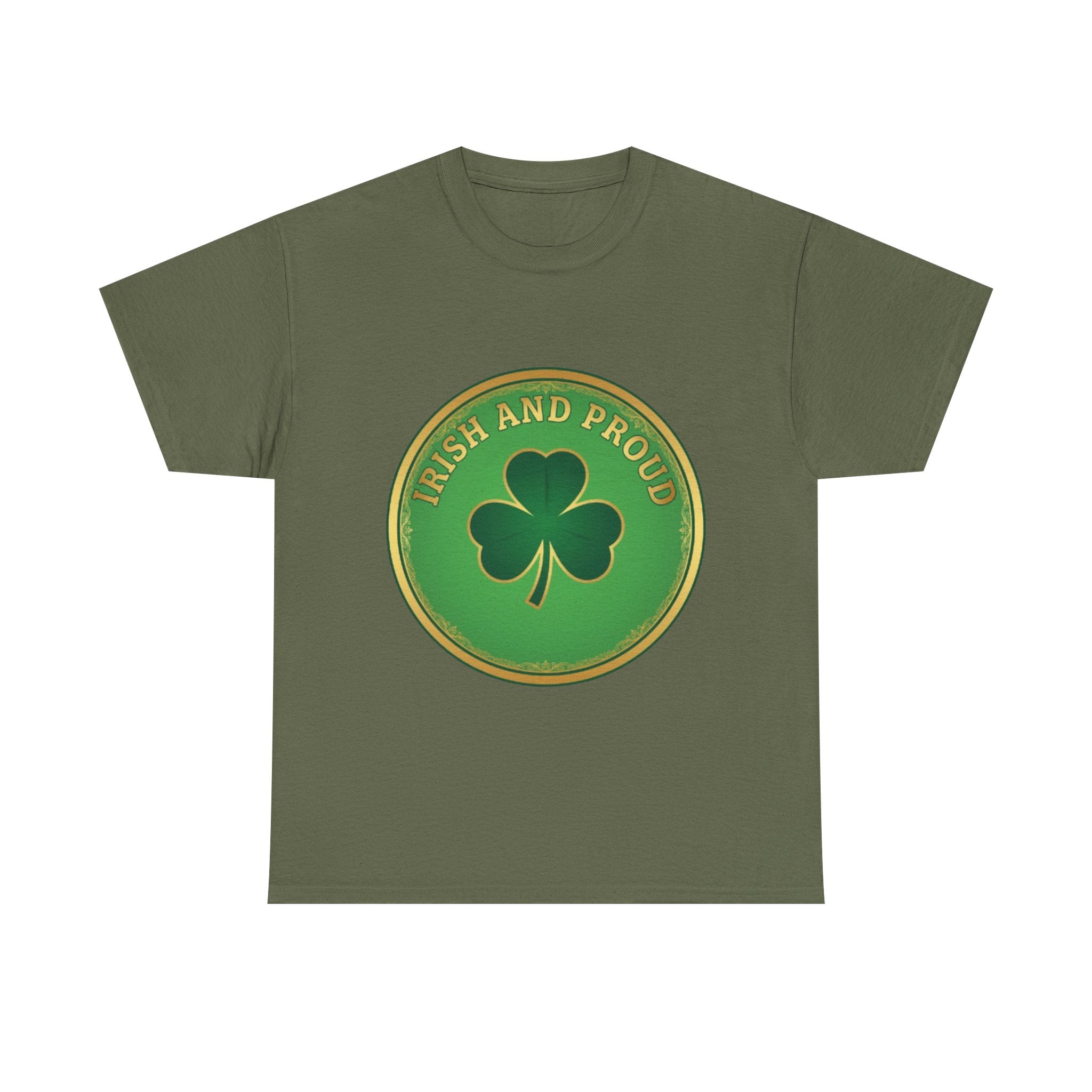 Irish and Proud T-Shirt — Green Shamrock Emblem Tee for St. Patrick's Day