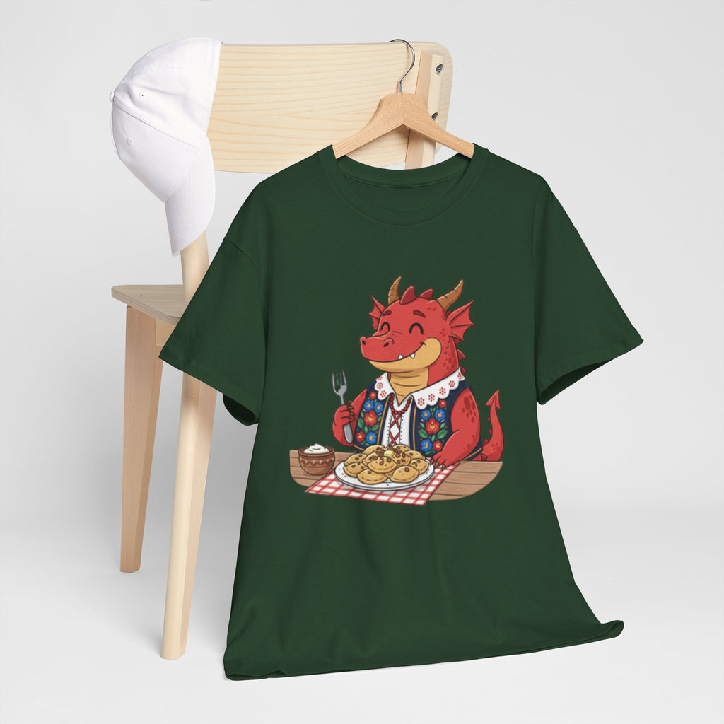 Dragon Eating Pierogi T-Shirt — "Mój nowy smok. Też lubi pierogi." Cute Polish Food Tee