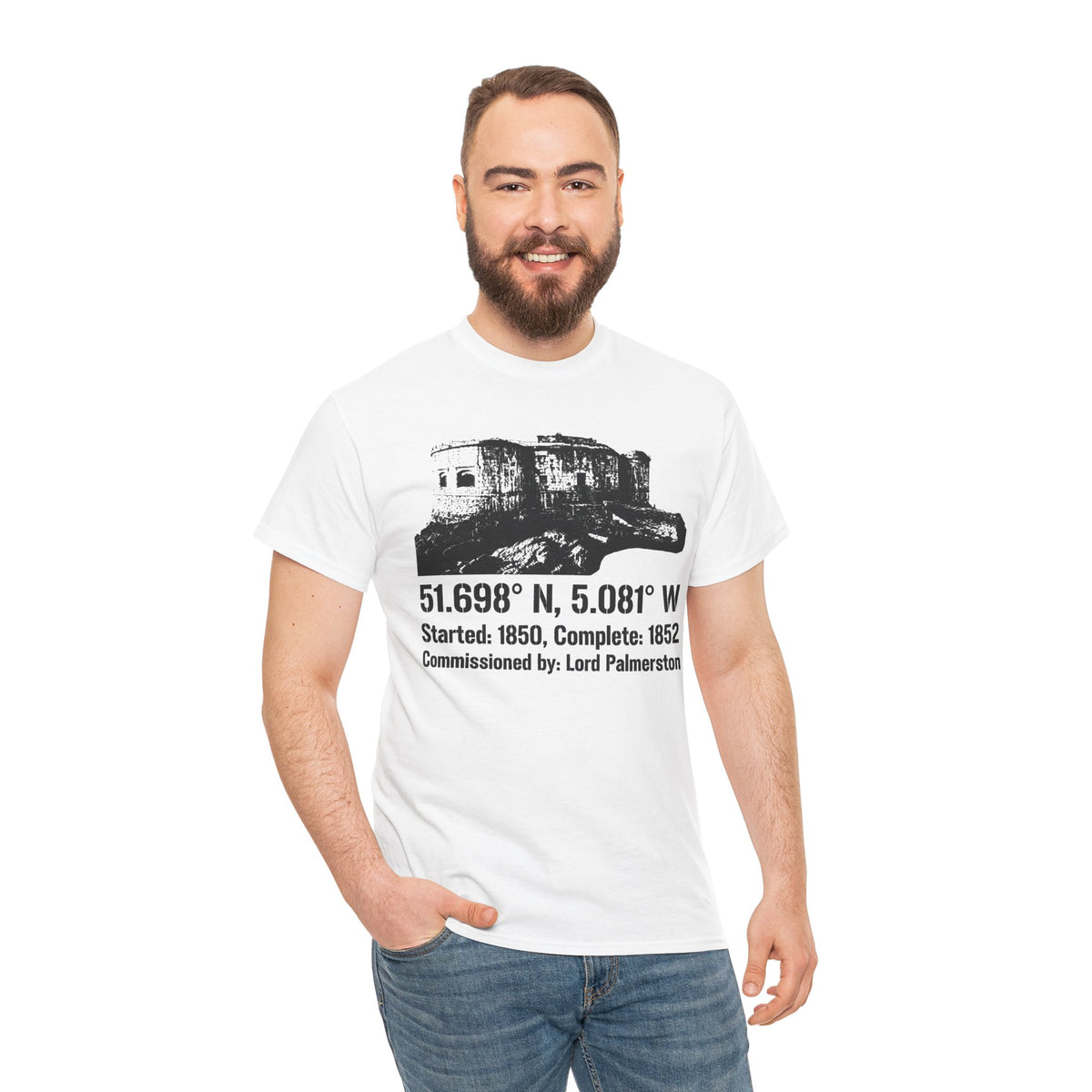 Stack Rock Fort Wales T-Shirt — Coastal Fort Illustration Tee — product image 2