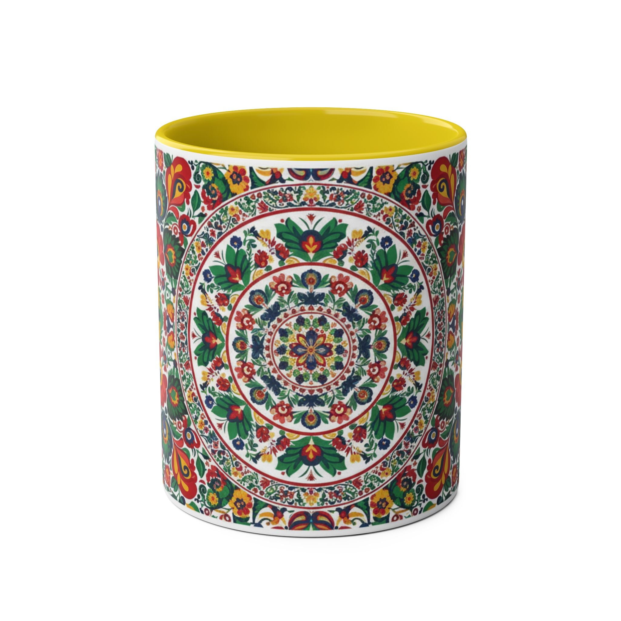 Floral Mandala Two-Tone Coffee Mug — Colorful Folk Art 11oz