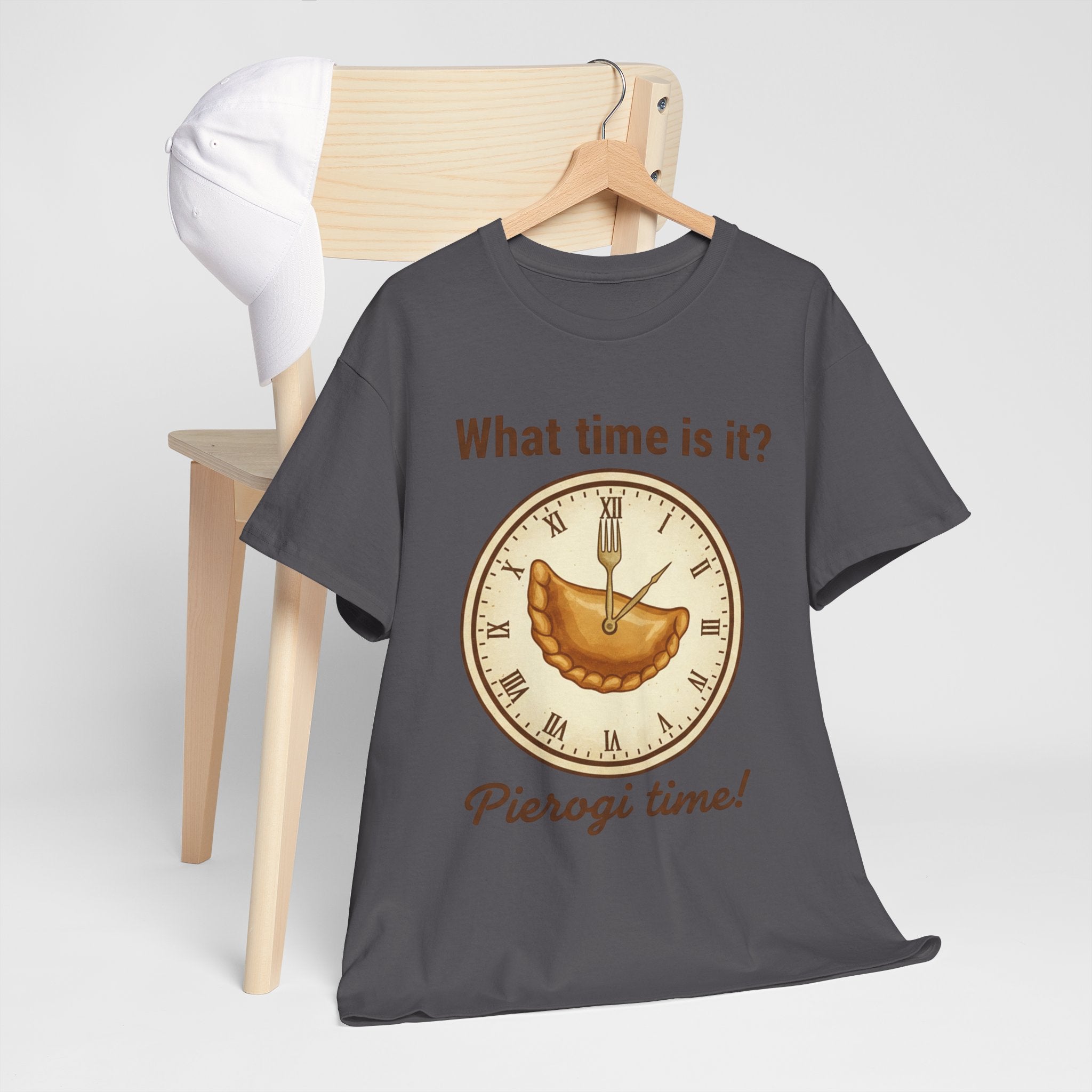 Pierogi Time T‑Shirt — "What time is it? Pierogi time!" Vintage Clock Food Tee