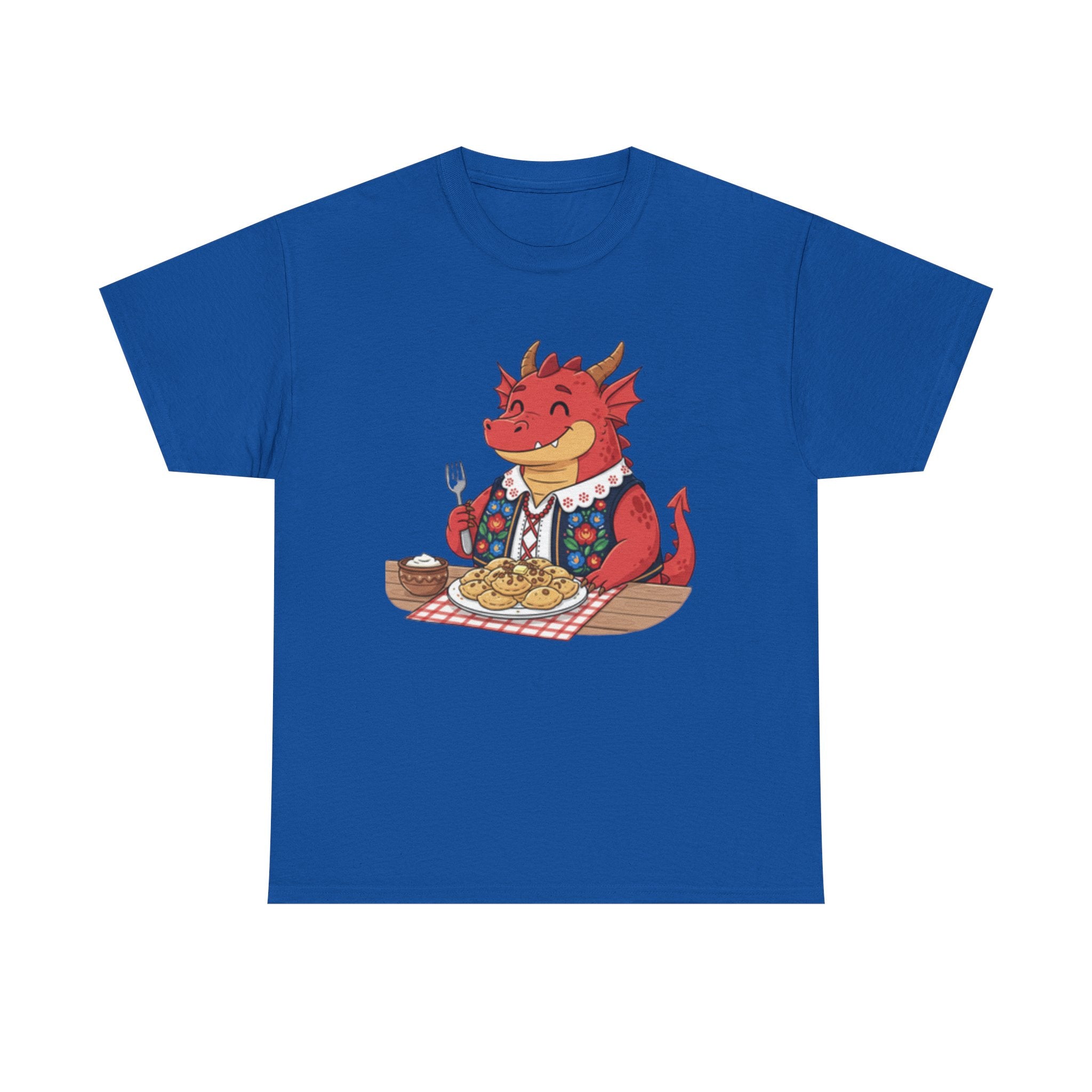 Dragon Eating Pierogi T-Shirt — "Mój nowy smok. Też lubi pierogi." Cute Polish Food Tee