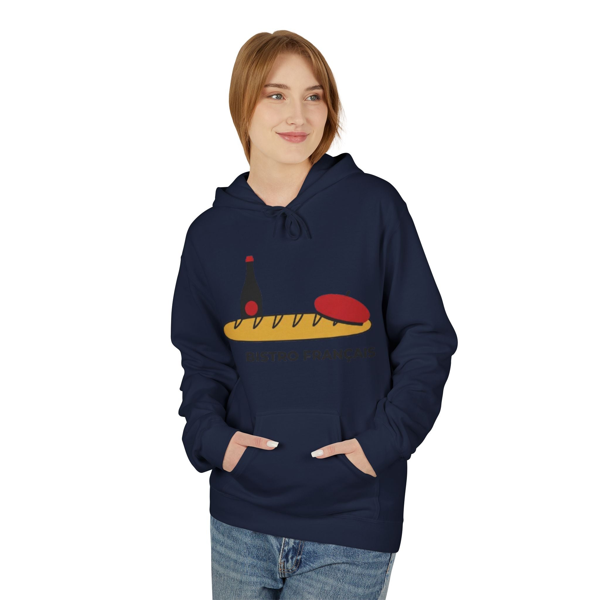 Bistro Français Hoodie — French Bistro Bread, Wine & Beret Graphic