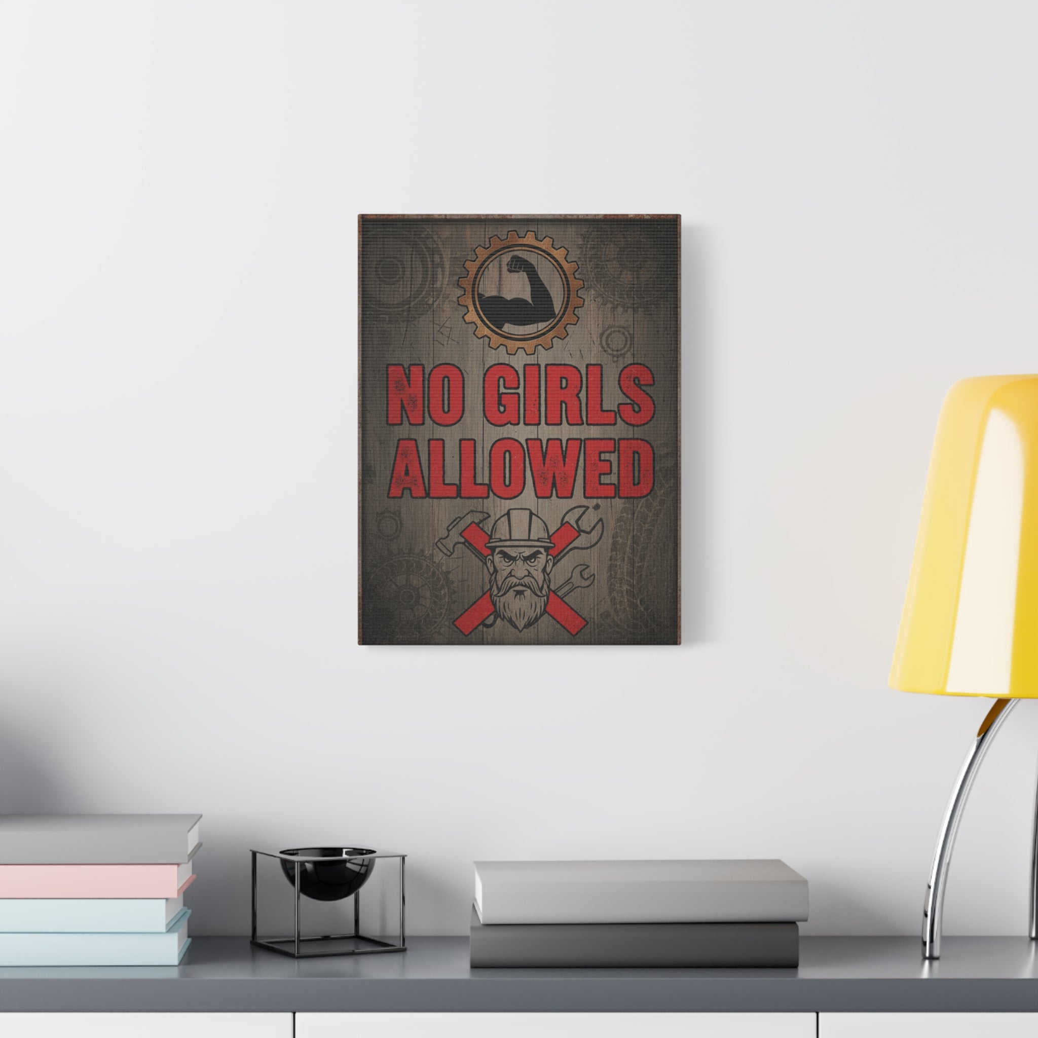 No Girls Allowed Canvas Wall Art - Retro Workshop Sign for Man Cave