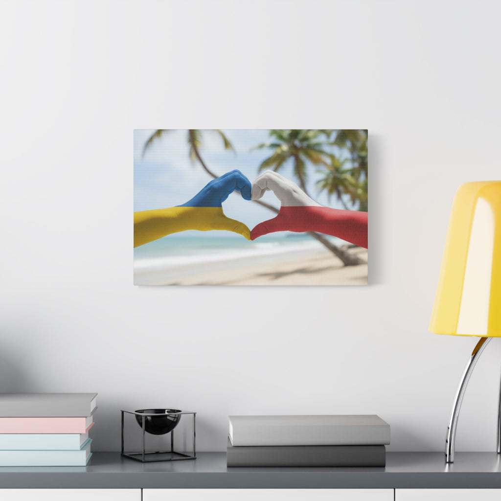 Ukrainian & Polish Heart Stretched Canvas Wall Art — Hands Forming Heart Painted with Bahamas & Poland Flags (Matte)