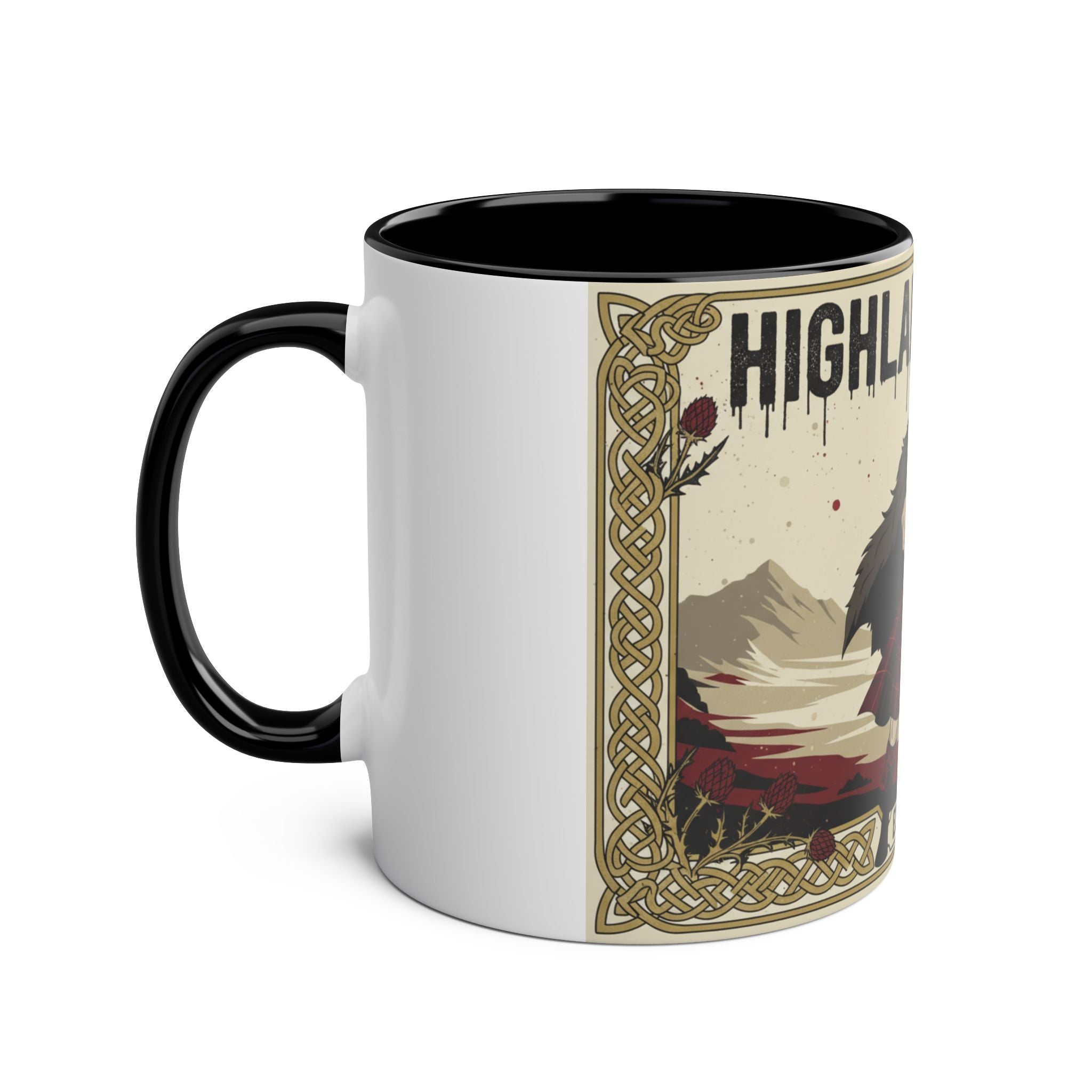 Highland Spirit Coffee Mug — Vintage Scottish Highlander 11oz Two-Tone Ceramic