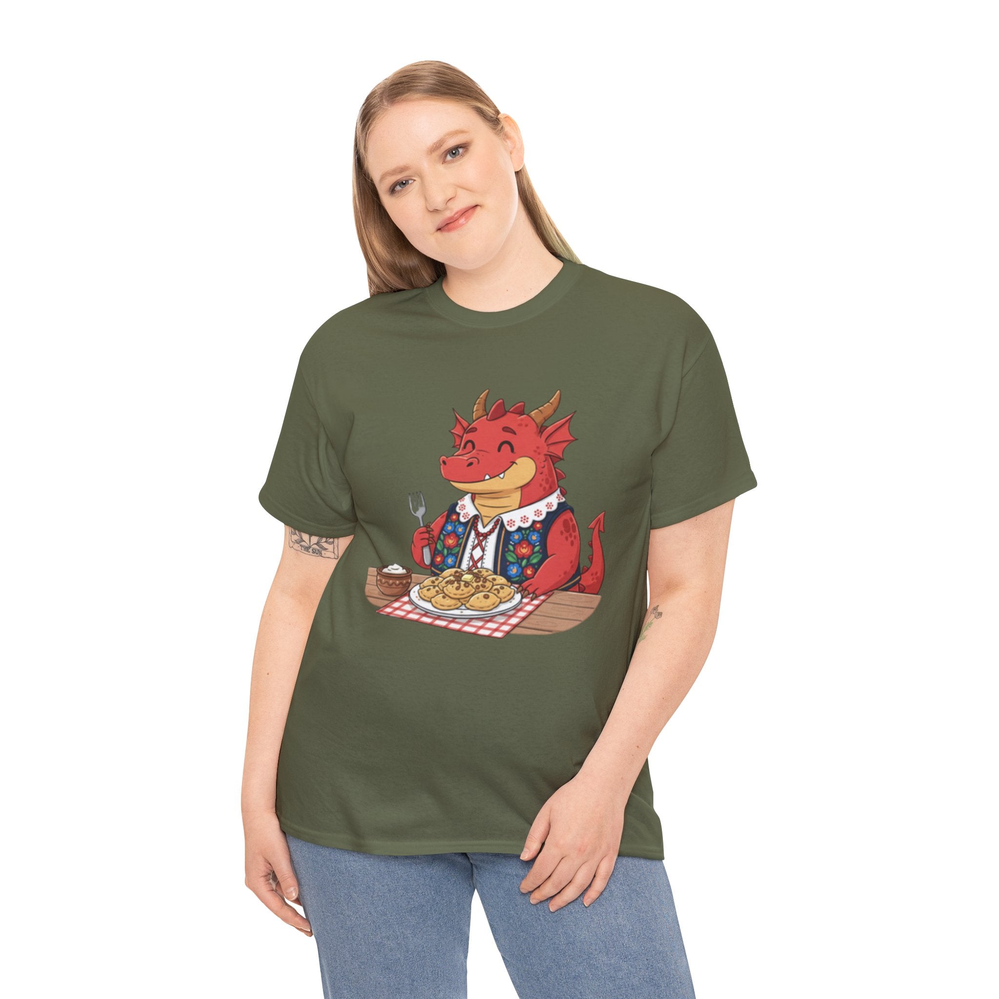 Dragon Eating Pierogi T-Shirt — "Mój nowy smok. Też lubi pierogi." Cute Polish Food Tee