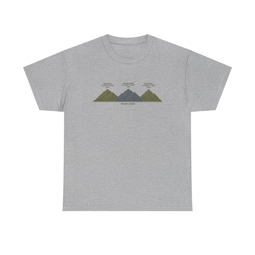 Three Peaks Challenge Graphic T-Shirt — Retro UK Mountain Hiking Tee