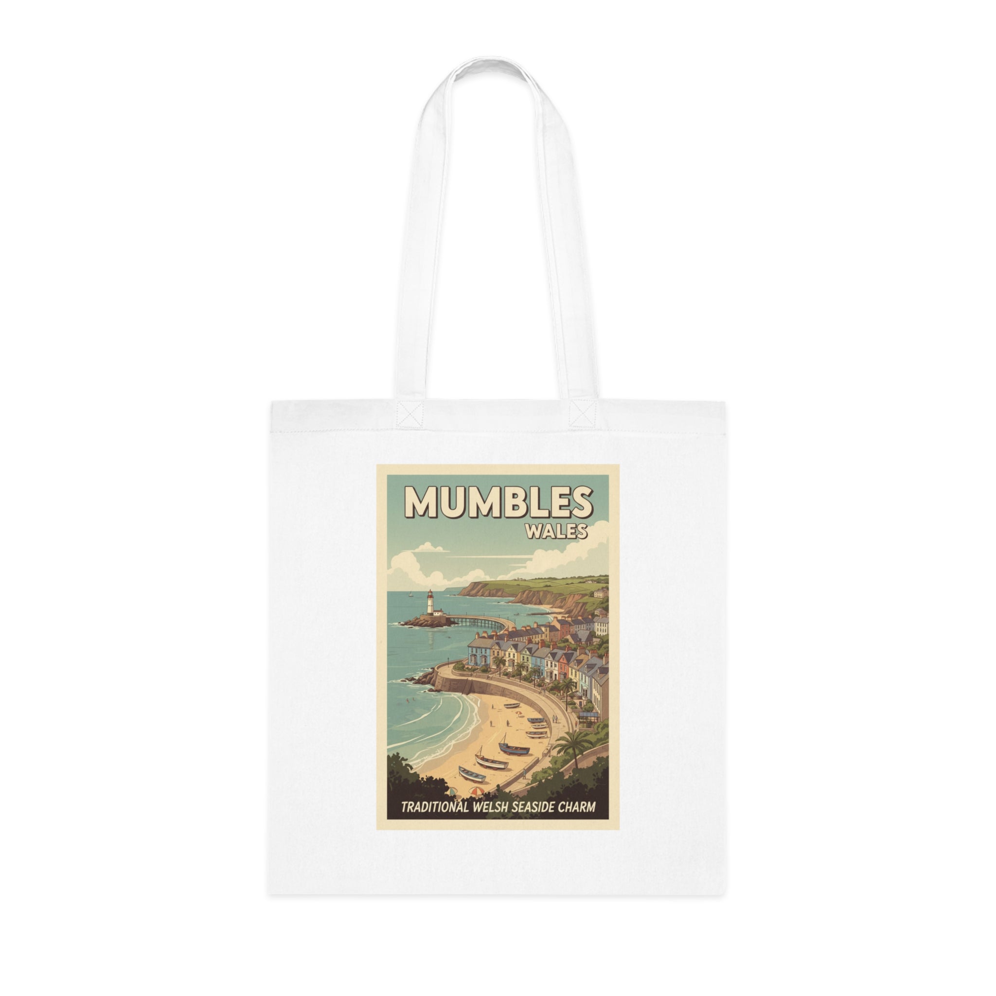 Mumbles Wales Vintage Seaside Tote Bag — Retro Travel Poster Cotton Tote
