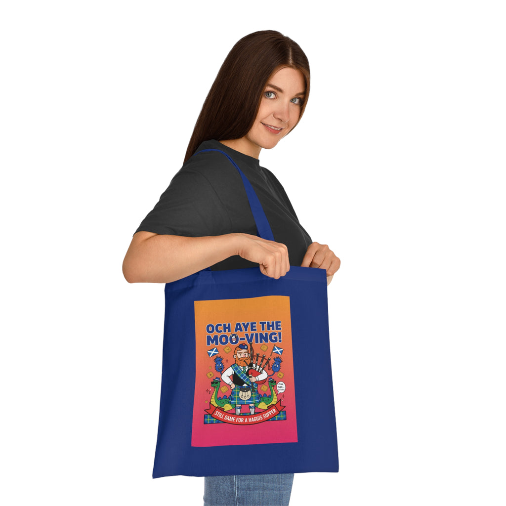 Scottish Cow Cartoon Cotton Tote — "Och Aye the Moo-ving!" Funny Celtic Grocery Bag