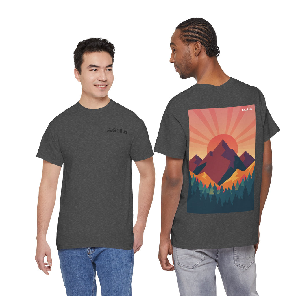Mountain Sunset Graphic Tee — Vintage Nature Poster Back Print