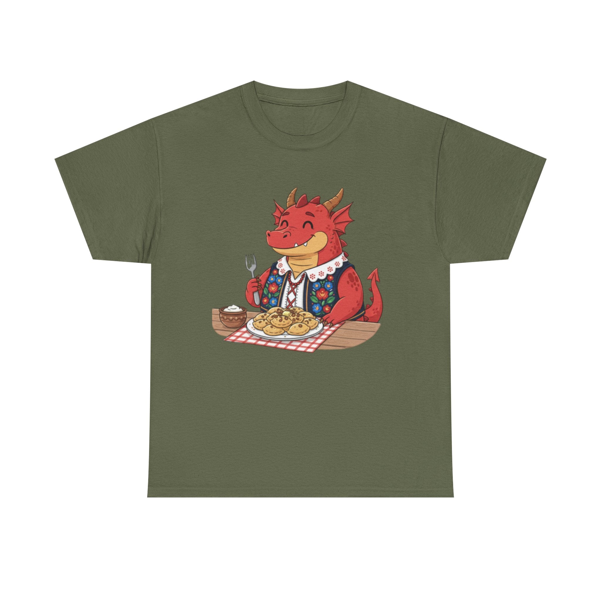Dragon Eating Pierogi T-Shirt — "Mój nowy smok. Też lubi pierogi." Cute Polish Food Tee