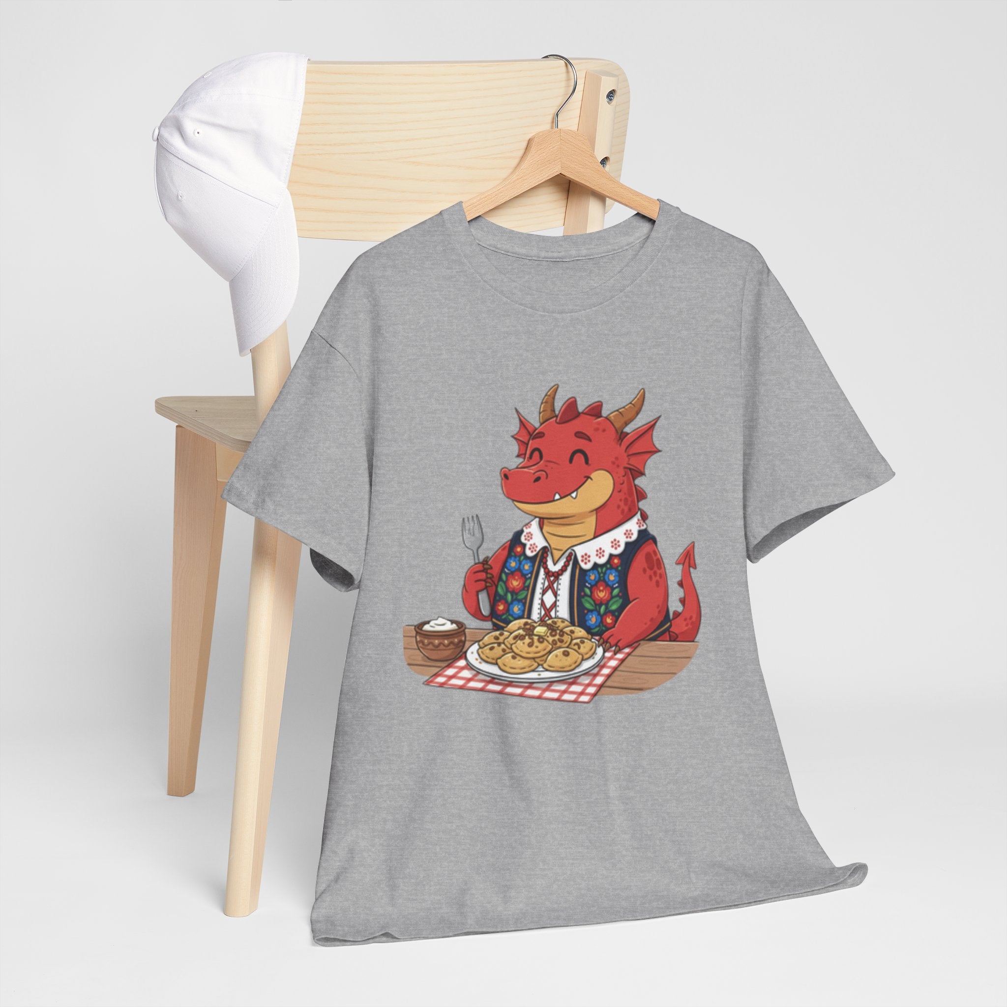 Dragon Eating Pierogi T-Shirt — "Mój nowy smok. Też lubi pierogi." Cute Polish Food Tee
