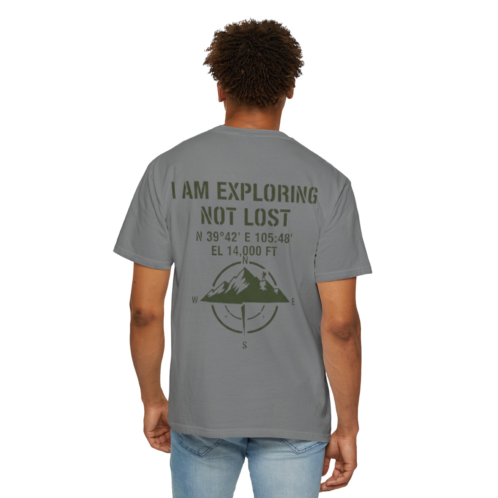 Adventure T-Shirt — "I Am Exploring Not Lost" Mountain Compass Graphic