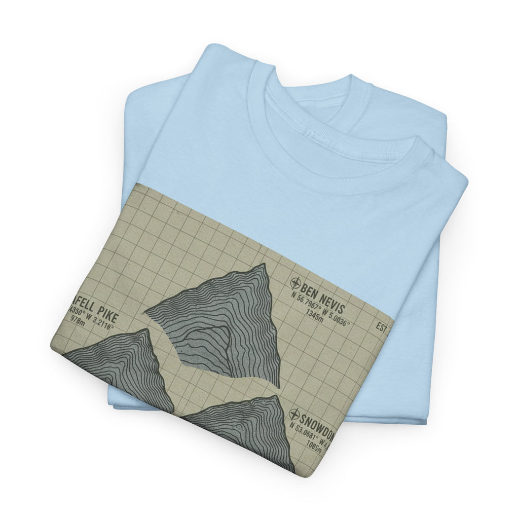 Three Peaks Challenge Graphic T-Shirt — Retro UK Mountain Summit Tee