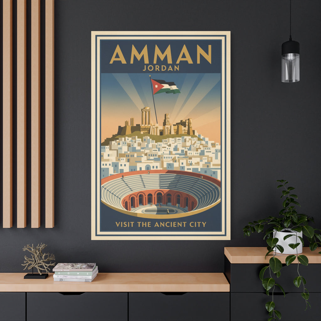 Amman Jordan Vintage Travel Canvas – "Visit the Ancient City" Stretched Wall Art