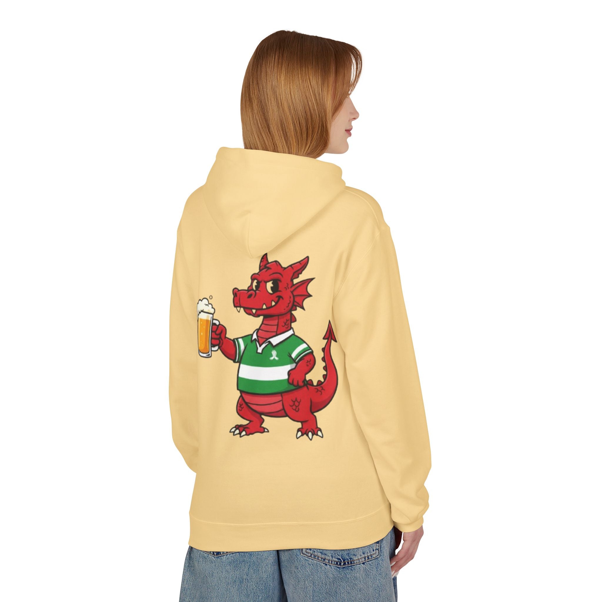 Welsh Dragon Drinking Beer Hoodie — Rugby Pub Fan Pullover