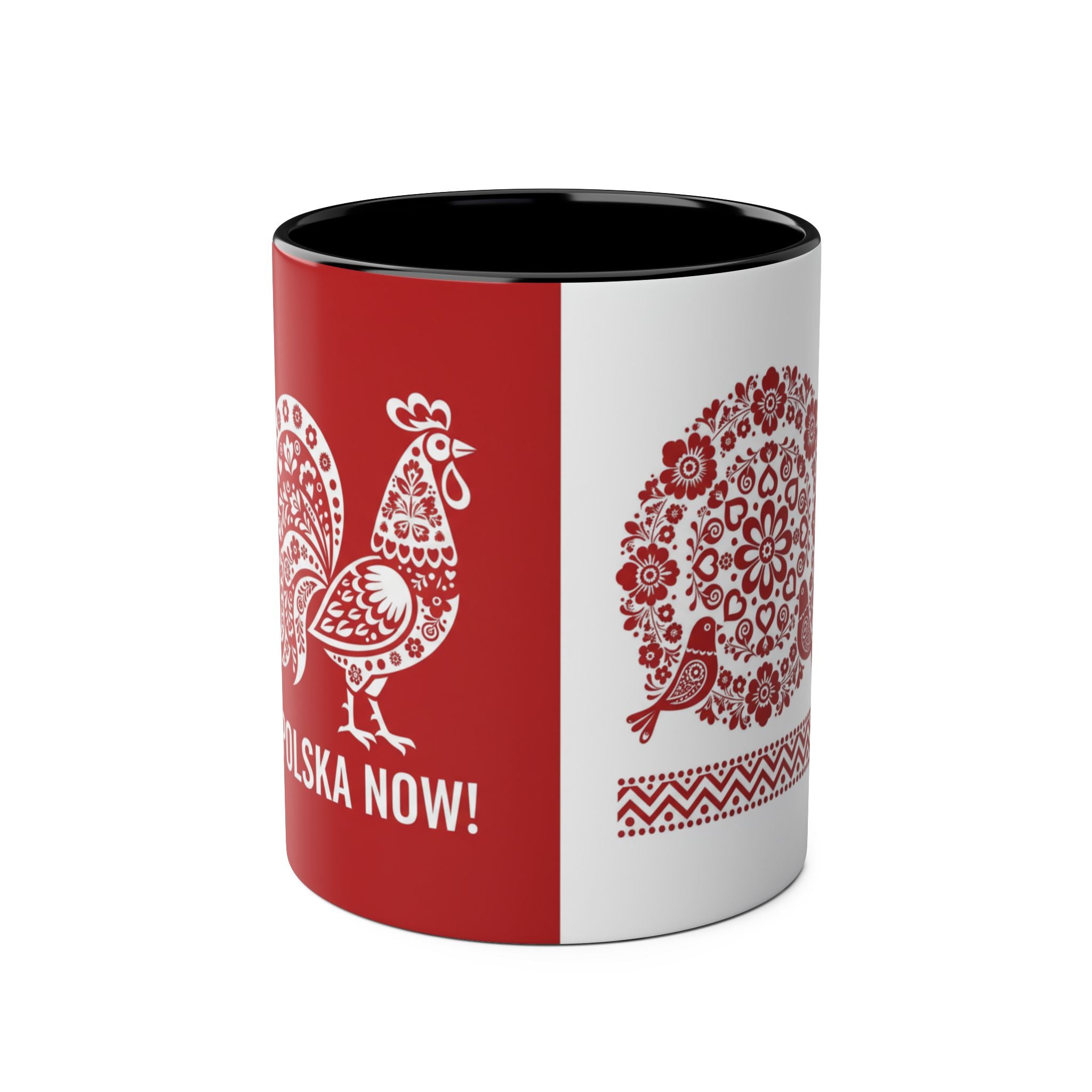 Polish Folk Rooster Coffee Mug — 'Polska Now!' Two-Tone 11oz Ceramic