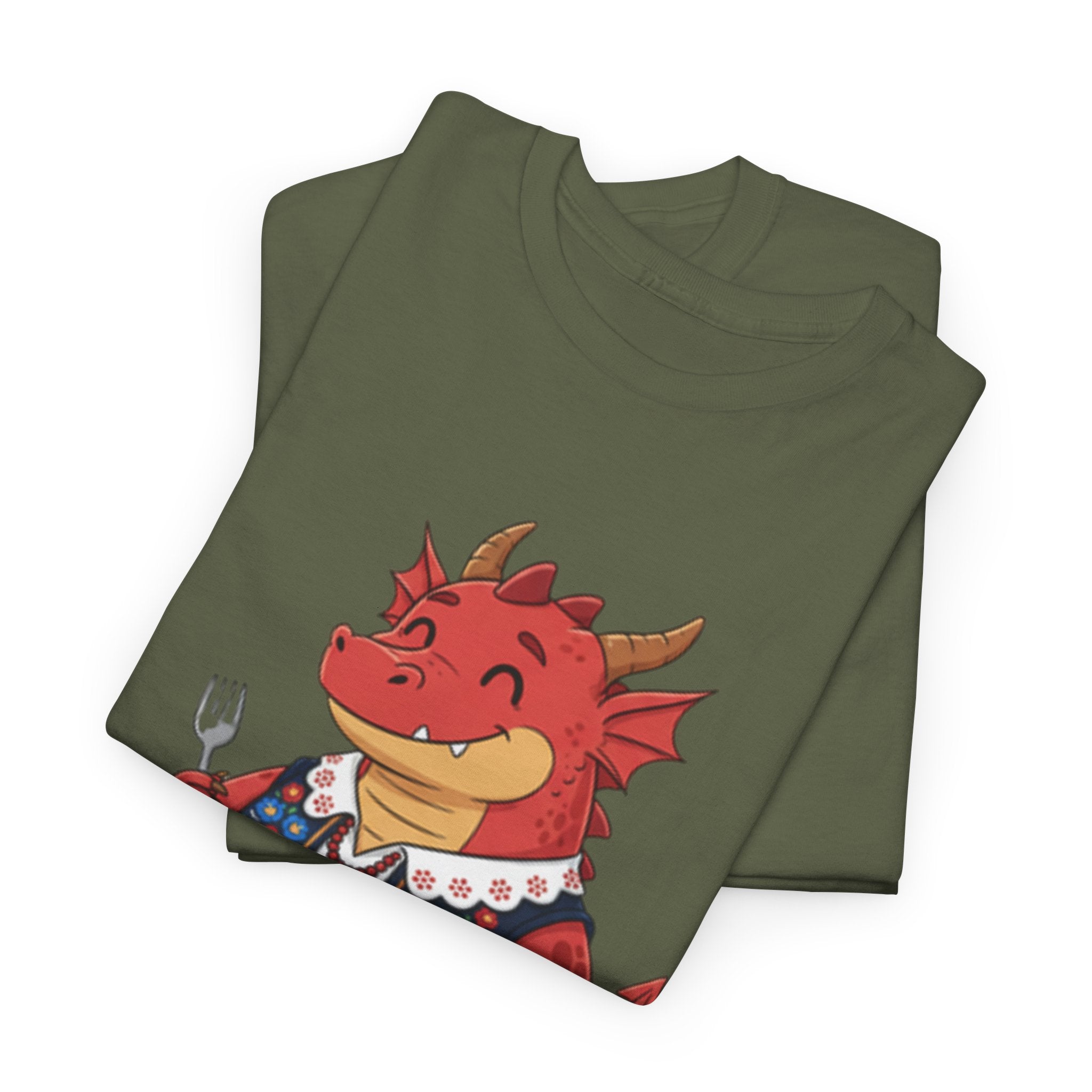 Dragon Eating Pierogi T-Shirt — "Mój nowy smok. Też lubi pierogi." Cute Polish Food Tee