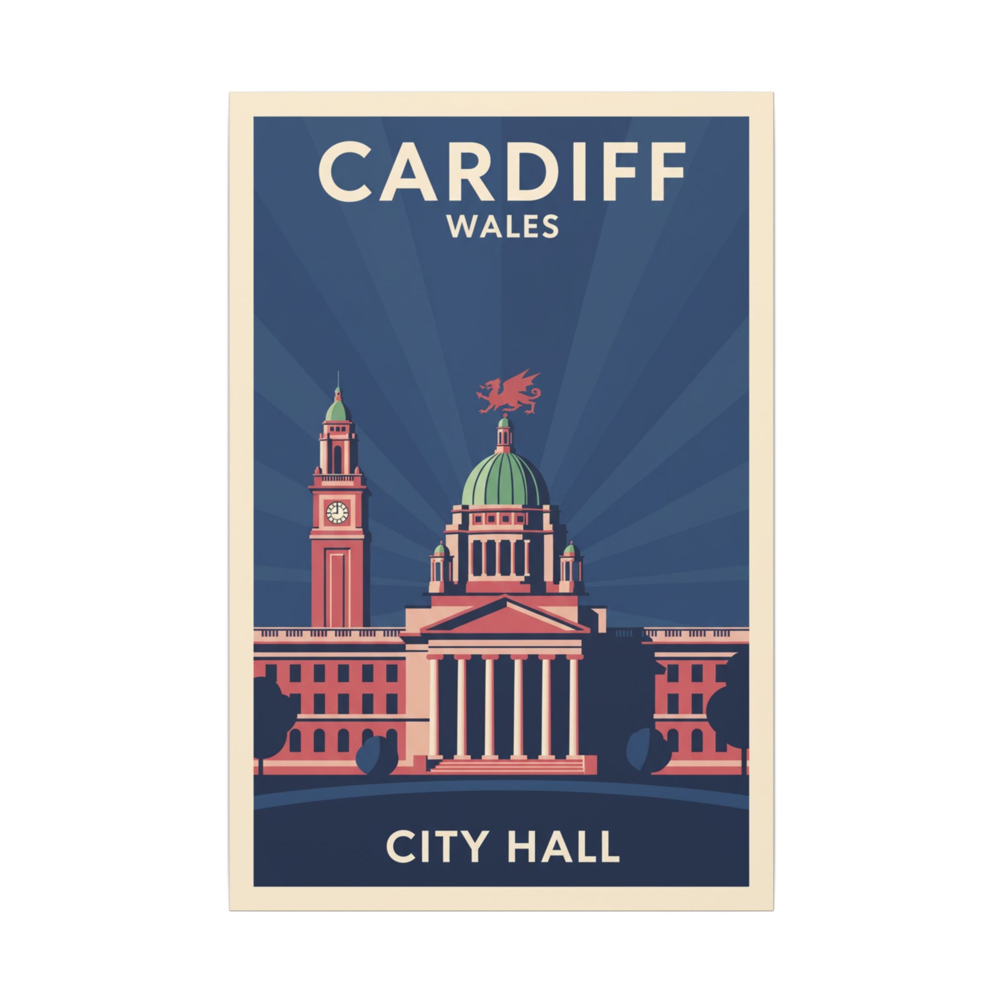 Cardiff City Hall Matte Canvas Wall Art — Vintage Wales Travel Poster
