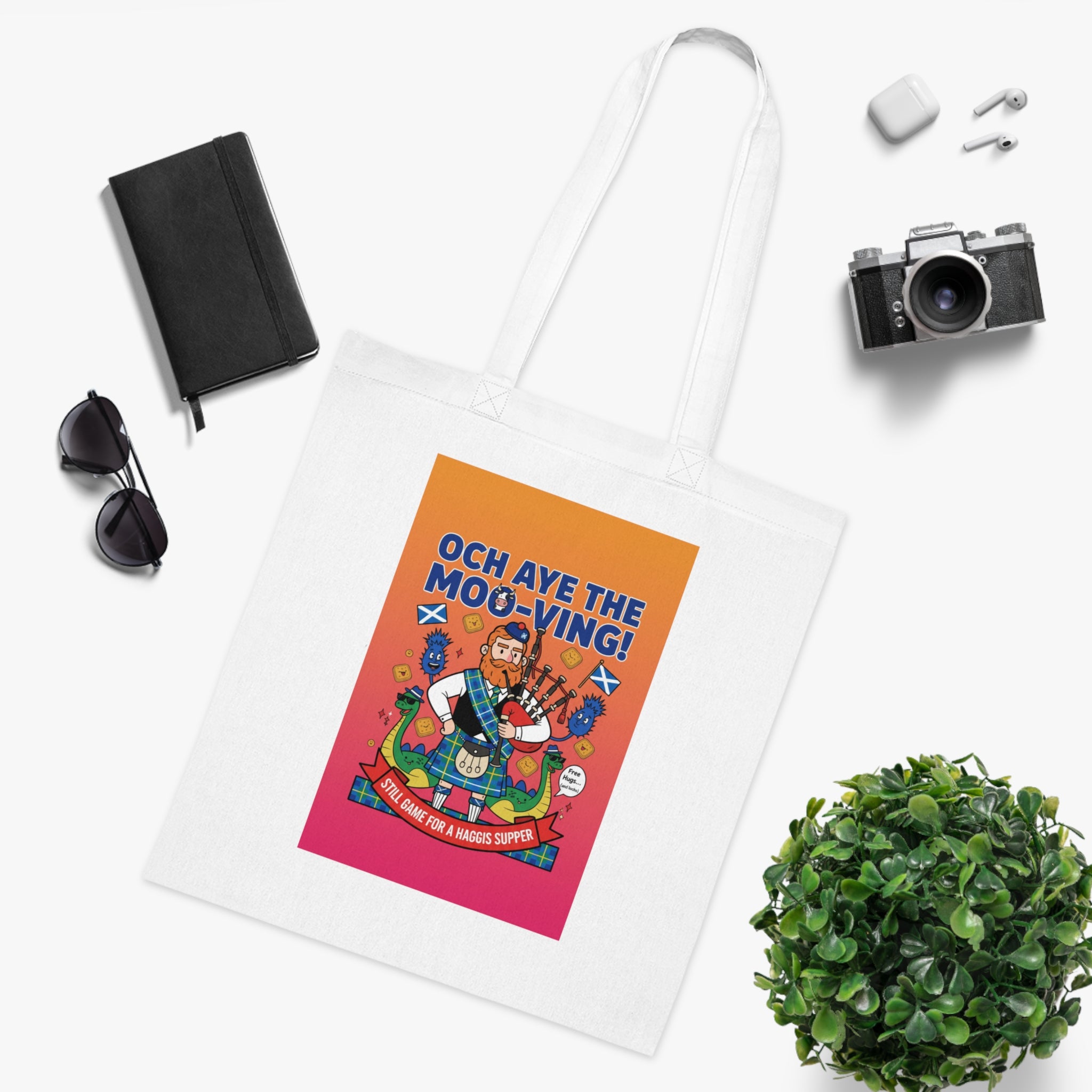 Scottish Cow Cartoon Cotton Tote — "Och Aye the Moo-ving!" Funny Celtic Grocery Bag