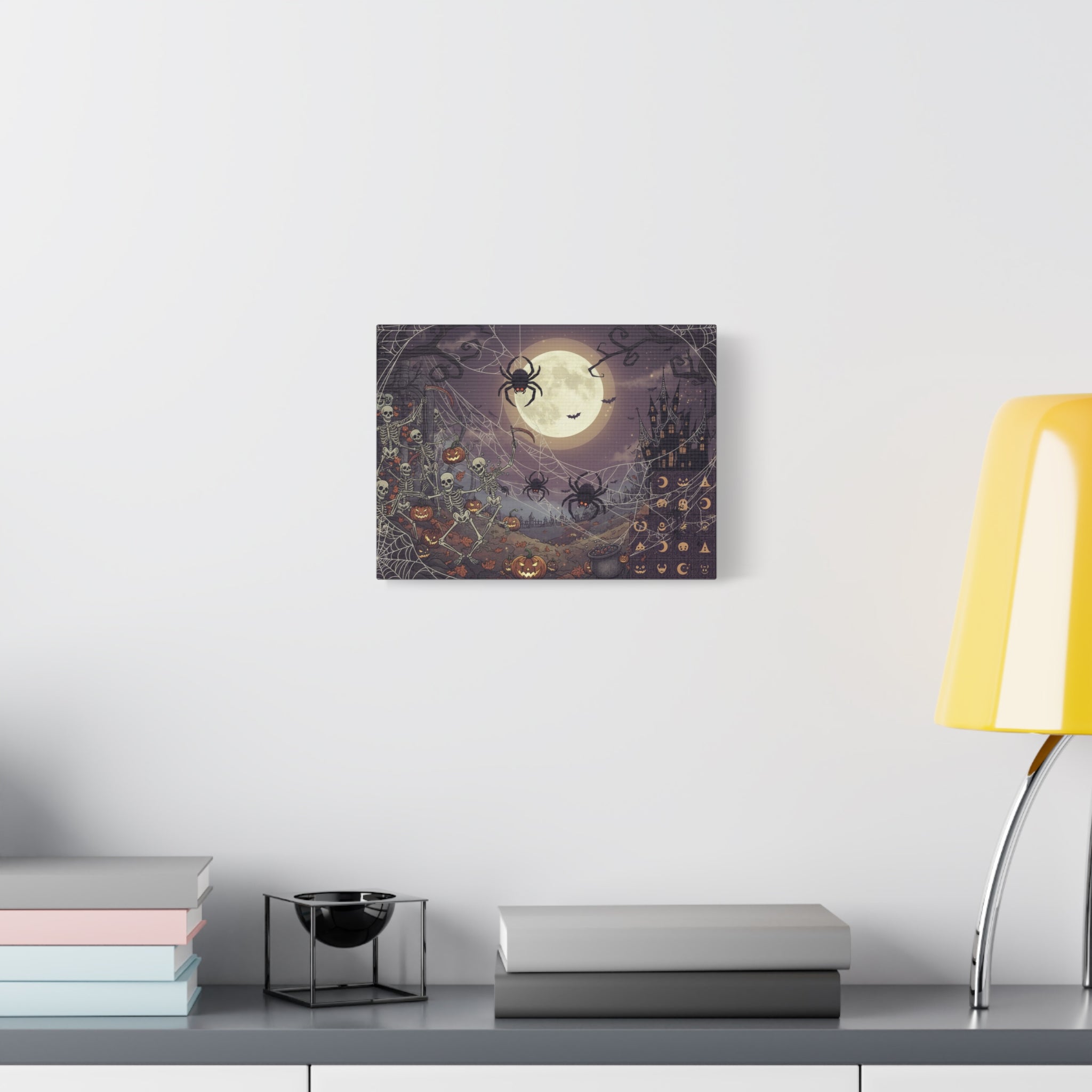 Halloween Night Canvas Print — Spooky Pumpkin, Skeletons & Moonlit Haunted Castle