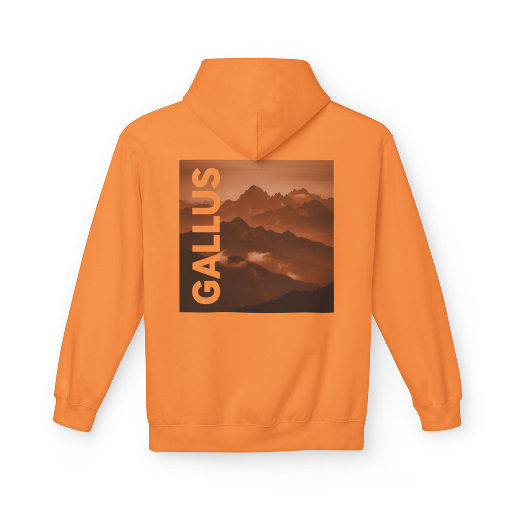 Gallus Mountain Logo Hoodie — Orange Scenic Back-Print Pullover