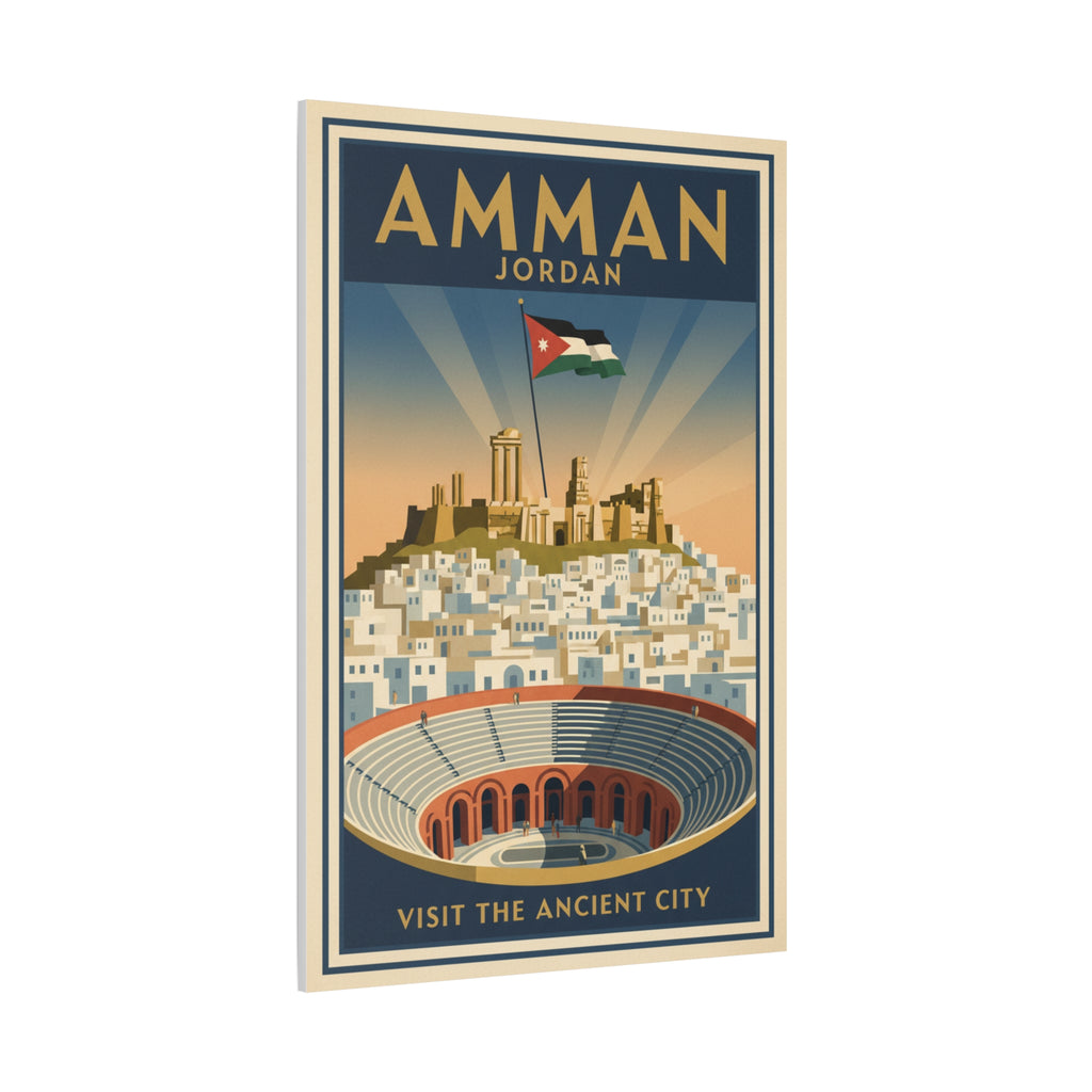 Amman Jordan Vintage Travel Canvas – "Visit the Ancient City" Stretched Wall Art