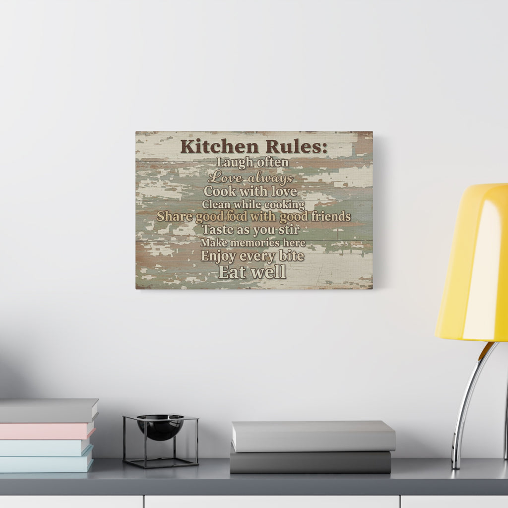 Kitchen Rules Canvas Wall Art – Rustic Farmhouse Kitchen Sign with Inspirational Cooking Quotes