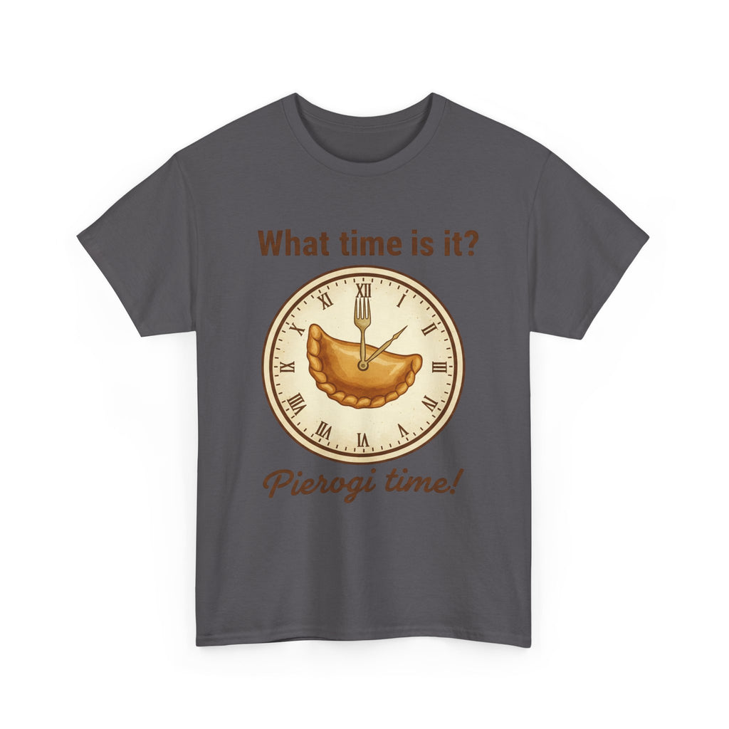 Pierogi Time T‑Shirt — "What time is it? Pierogi time!" Vintage Clock Food Tee