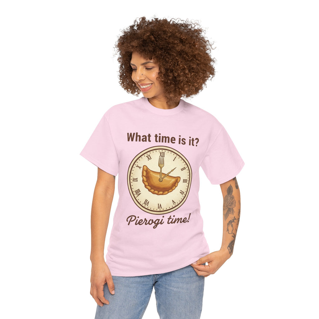 Pierogi Time T‑Shirt — "What time is it? Pierogi time!" Vintage Clock Food Tee