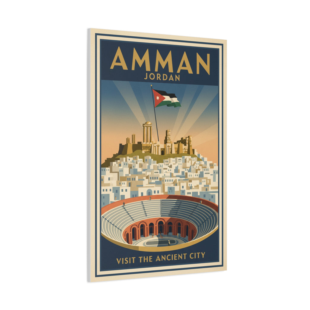 Amman Jordan Vintage Travel Canvas – "Visit the Ancient City" Stretched Wall Art