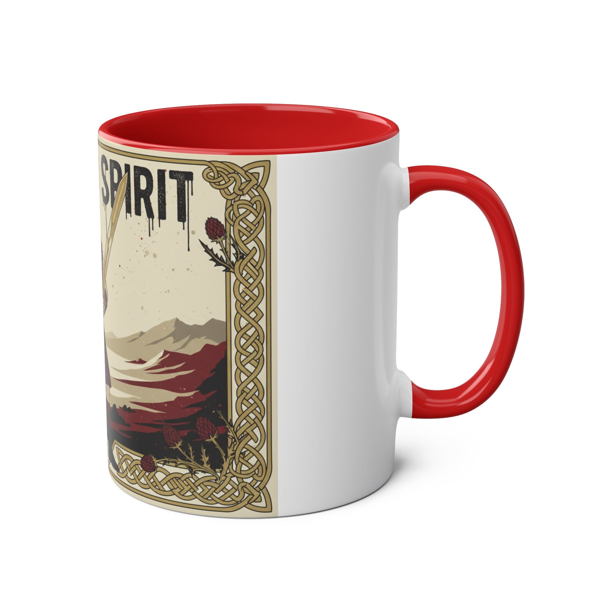 Highland Spirit Coffee Mug — Vintage Scottish Highlander 11oz Two-Tone Ceramic