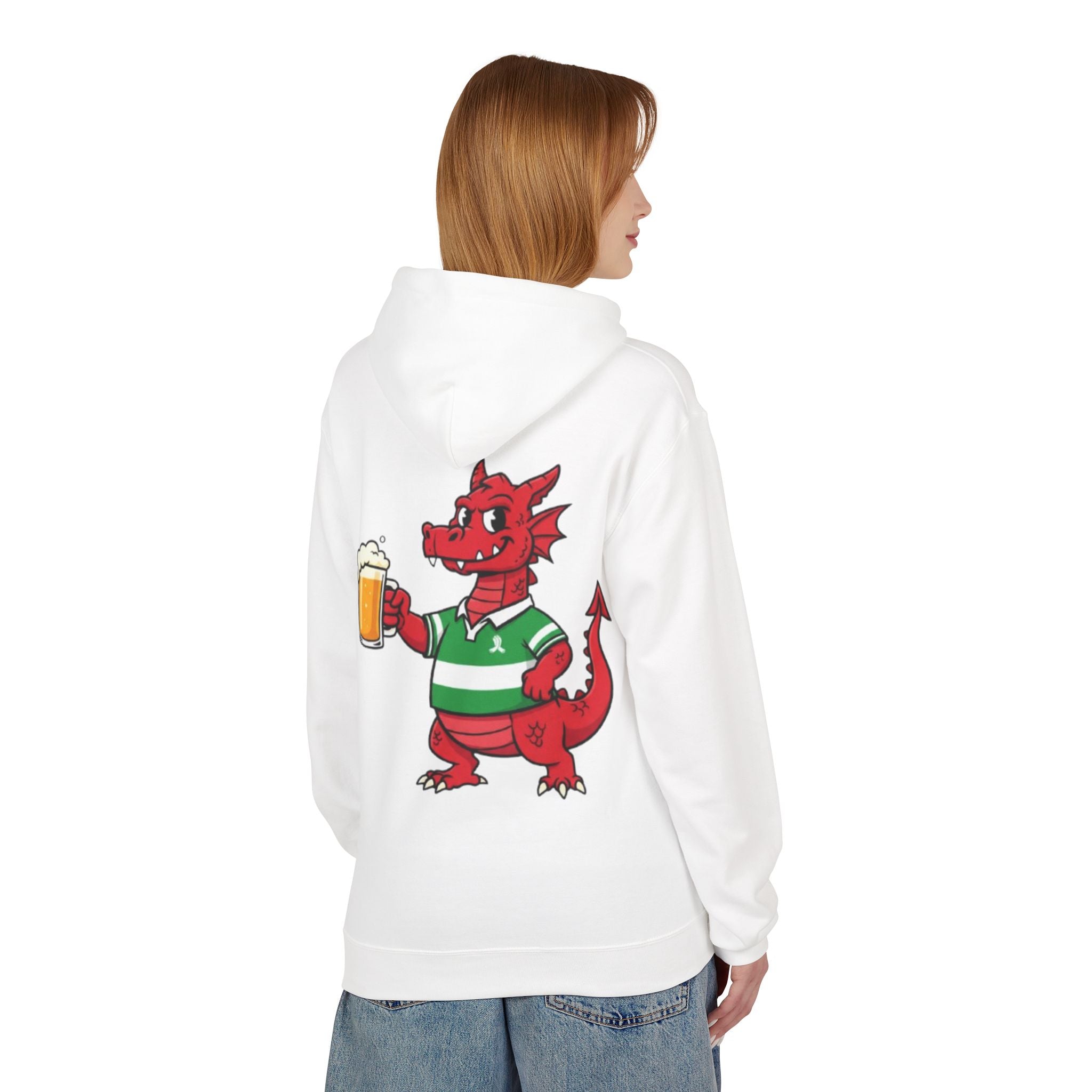 Welsh Dragon Drinking Beer Hoodie — Rugby Pub Fan Pullover
