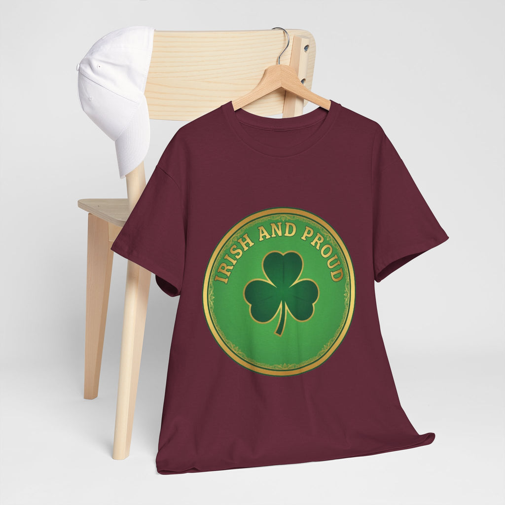 Irish and Proud T-Shirt — Green Shamrock Emblem Tee for St. Patrick's Day