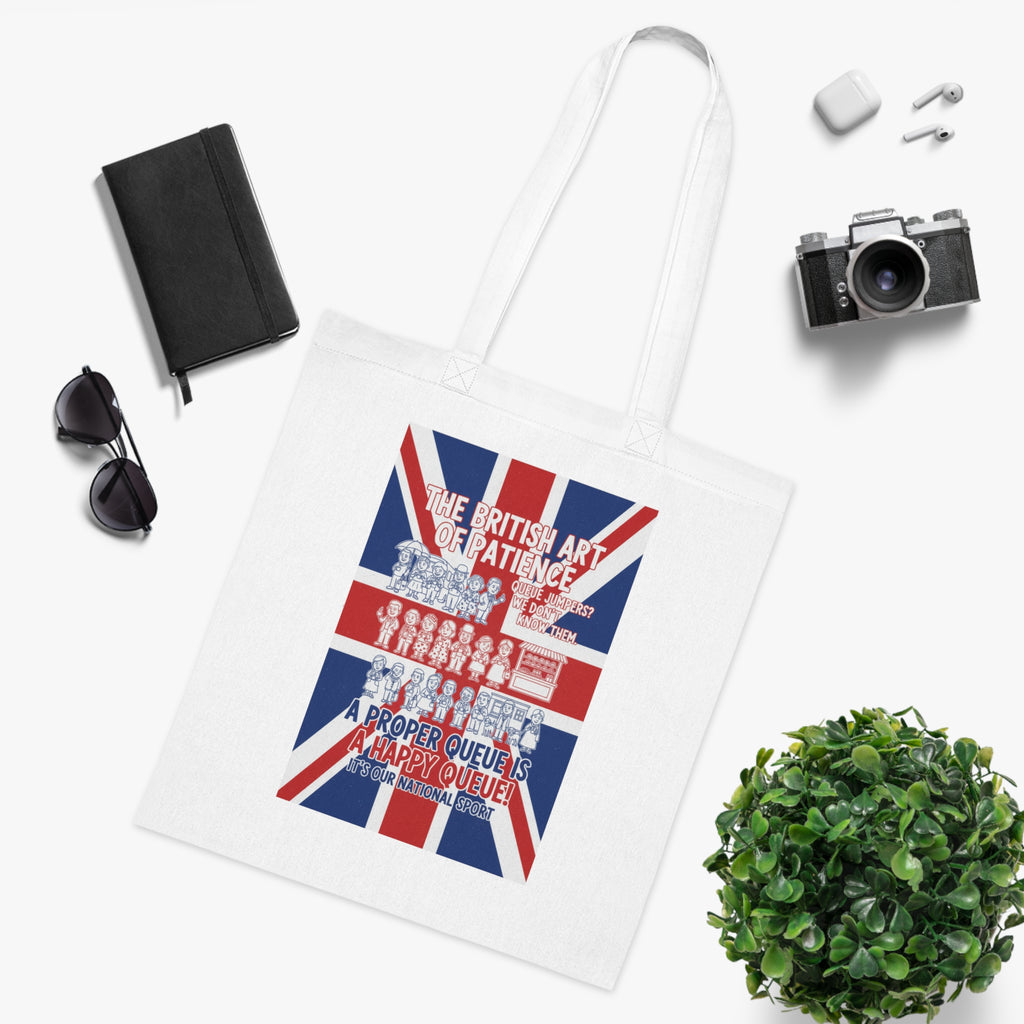 British Union Jack Tote Bag - "The British Art of Patience: A Proper Queue is a Happy Queue" Cotton Shopper