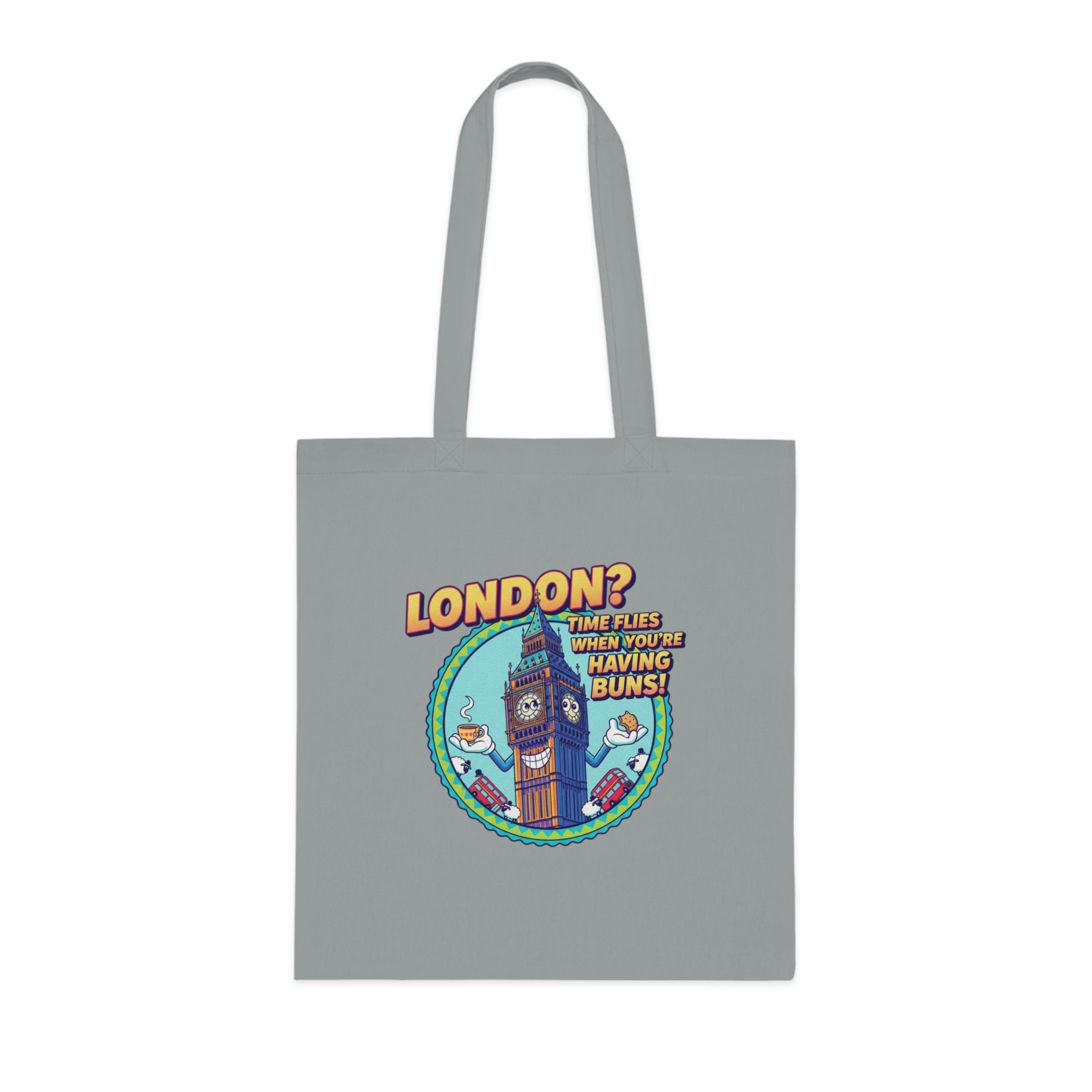 London? Having Buns! Big Ben Cartoon Cotton Tote Bag — Funny UK Travel Gift