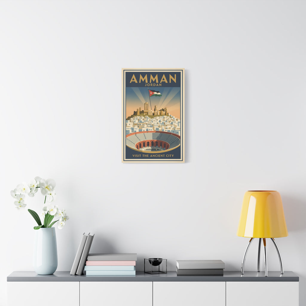 Amman Jordan Vintage Travel Canvas – "Visit the Ancient City" Stretched Wall Art