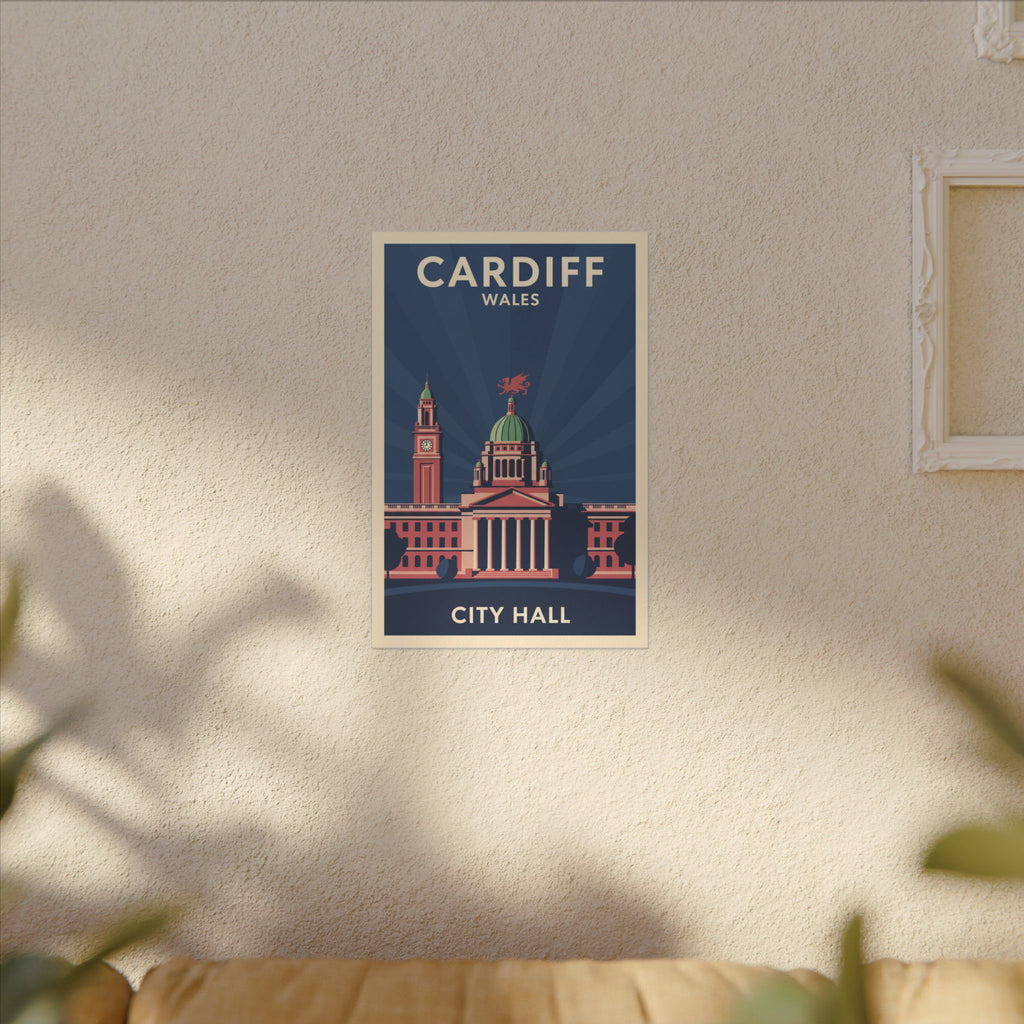 Cardiff City Hall Matte Canvas Wall Art — Vintage Wales Travel Poster