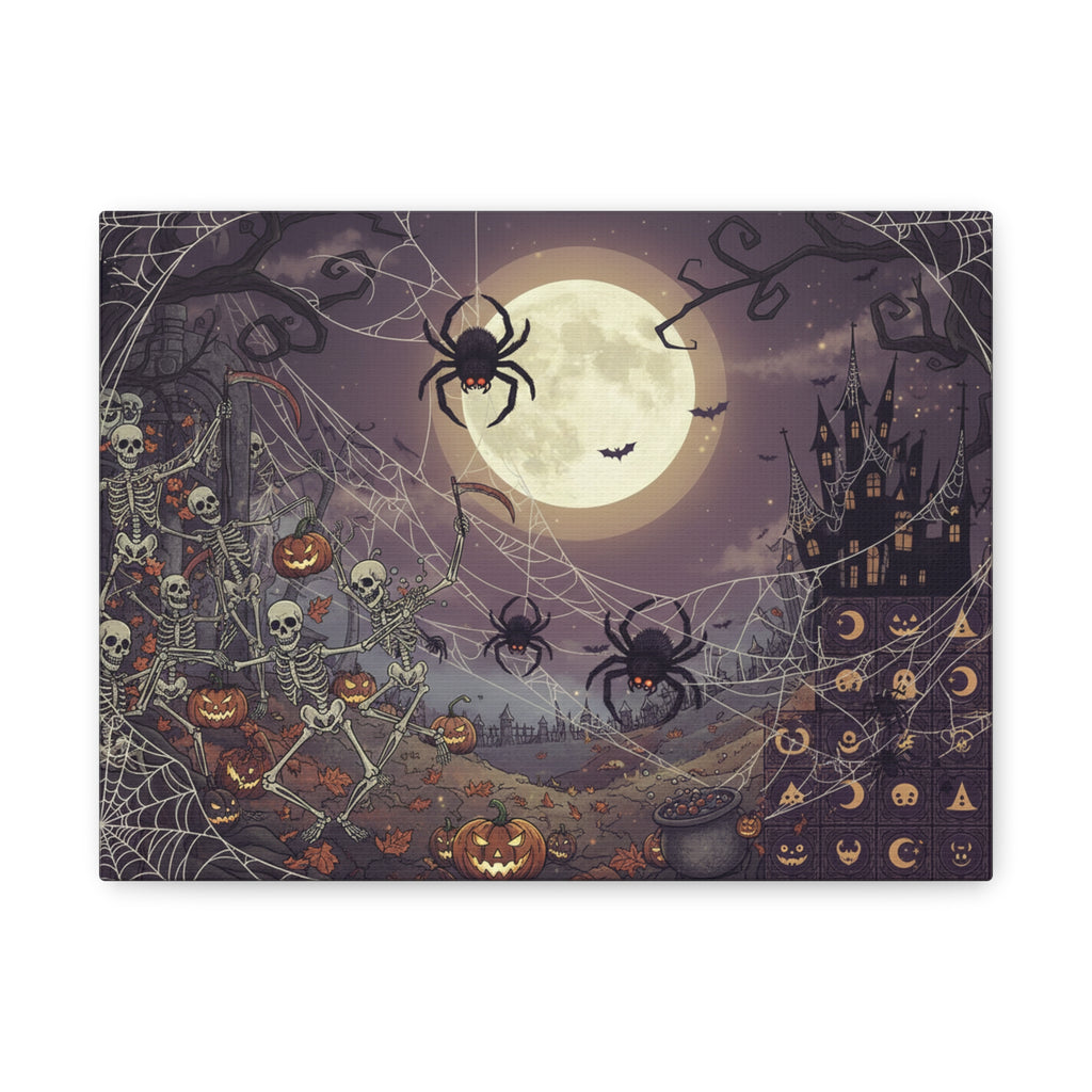 Halloween Night Canvas Print — Spooky Pumpkin, Skeletons & Moonlit Haunted Castle