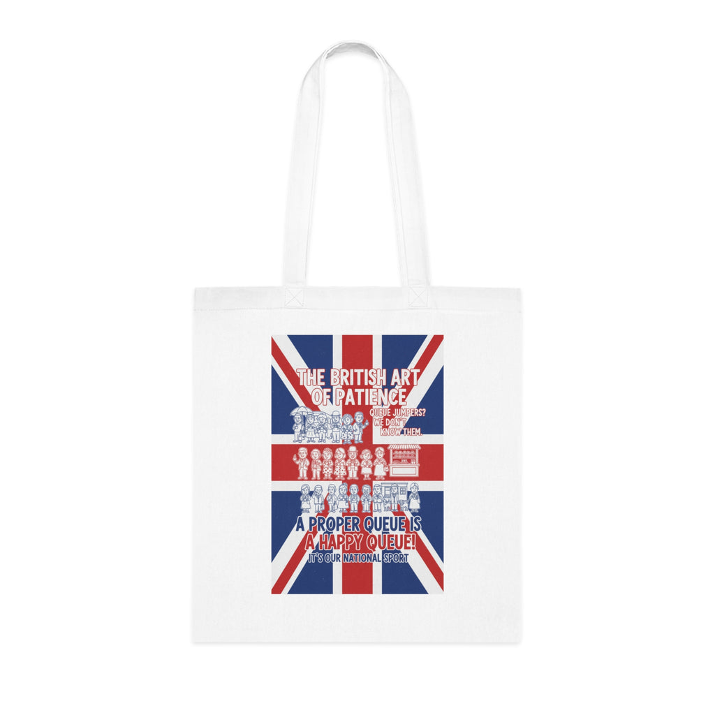 British Union Jack Tote Bag - "The British Art of Patience: A Proper Queue is a Happy Queue" Cotton Shopper