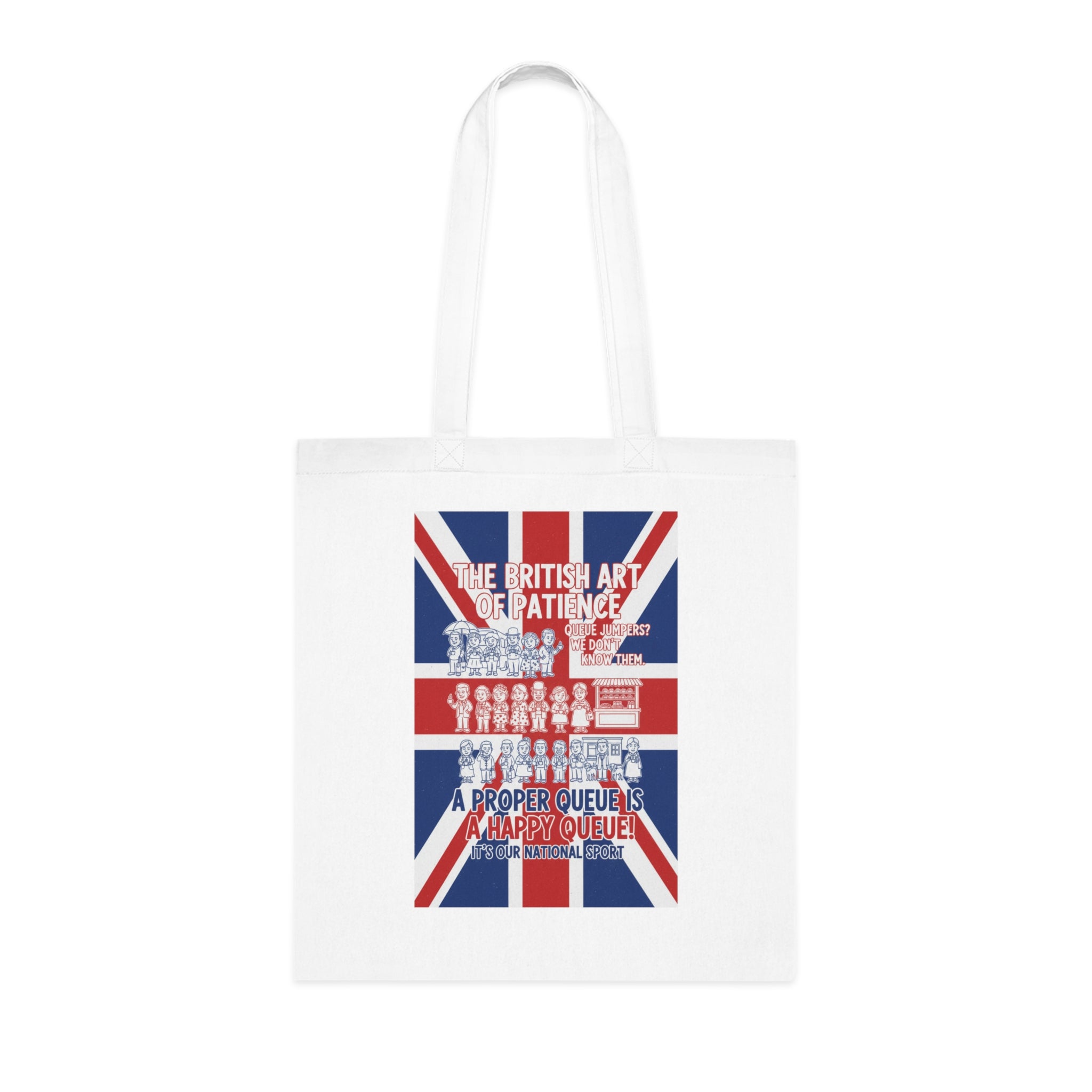 British Union Jack Tote Bag - "The British Art of Patience: A Proper Queue is a Happy Queue" Cotton Shopper
