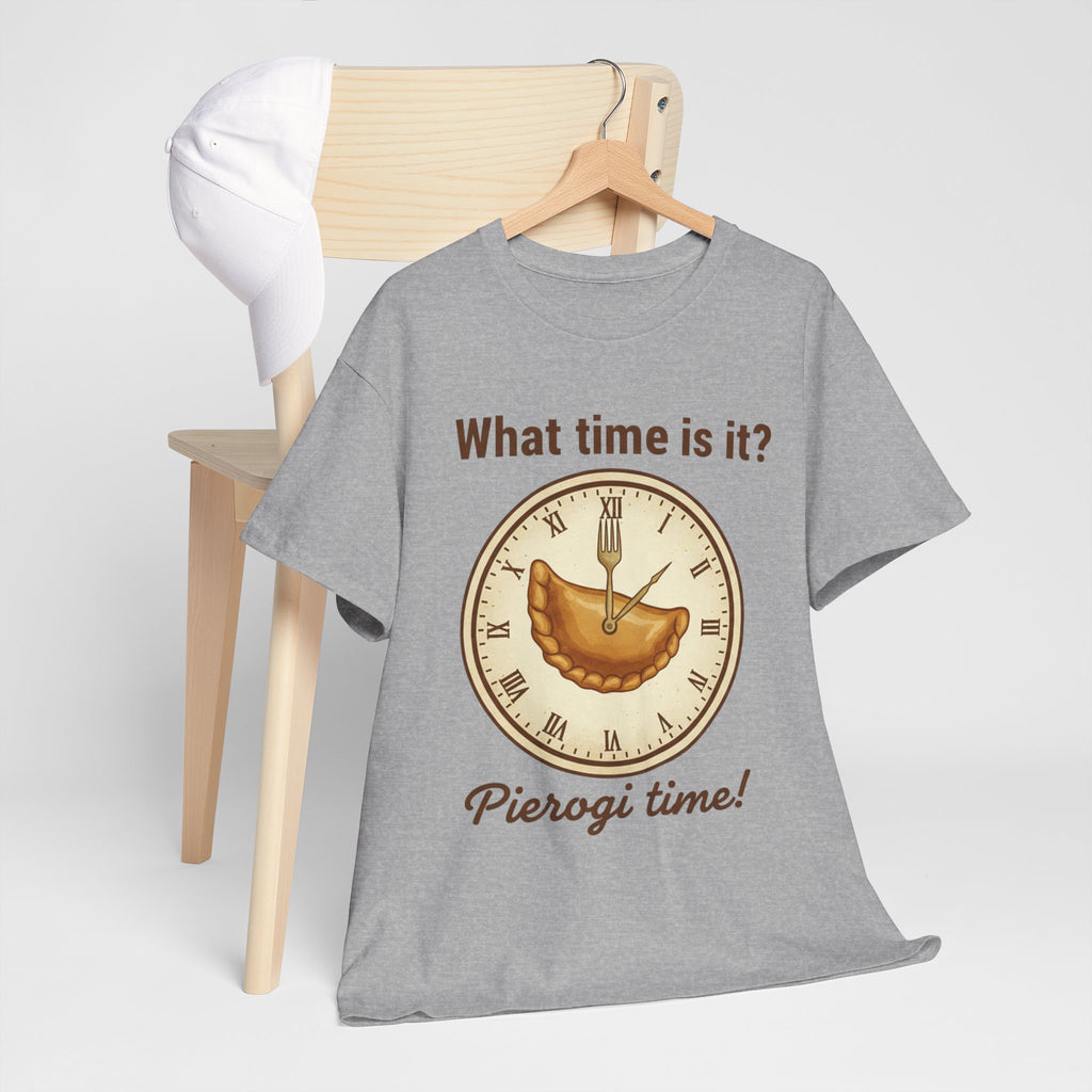 Pierogi Time T‑Shirt — "What time is it? Pierogi time!" Vintage Clock Food Tee