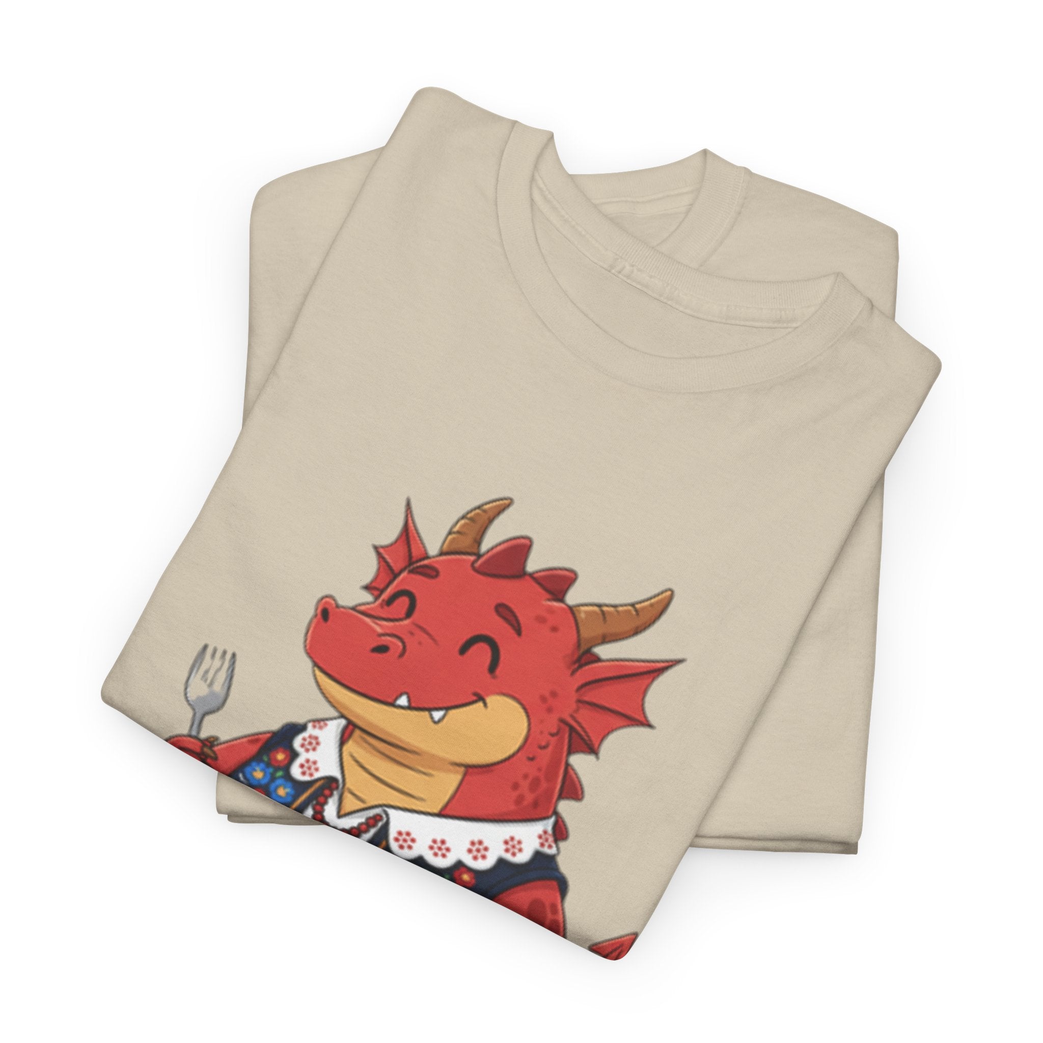 Dragon Eating Pierogi T-Shirt — "Mój nowy smok. Też lubi pierogi." Cute Polish Food Tee