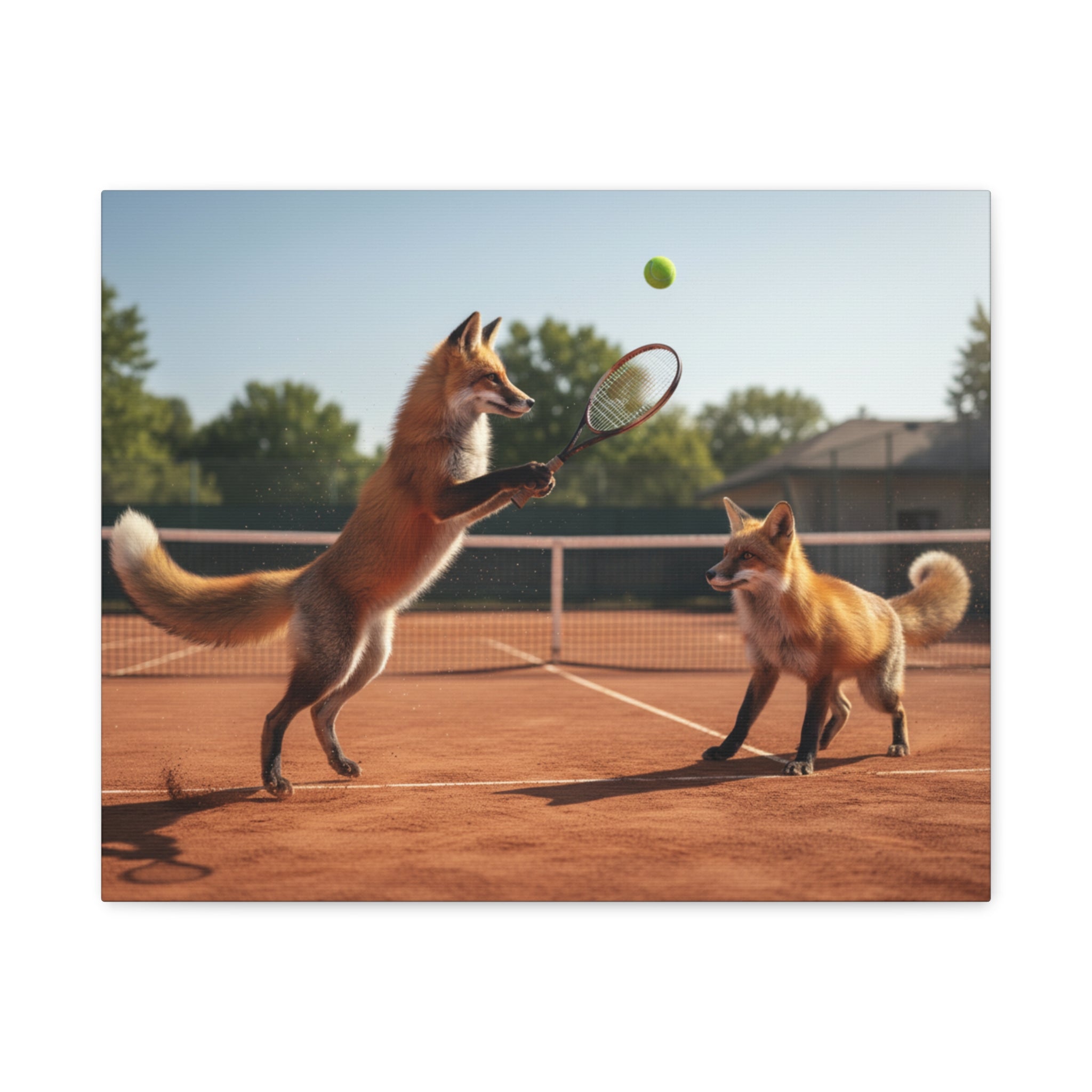 Foxes Playing Tennis Matte Canvas Wall Art — Whimsical Animal Sports Print