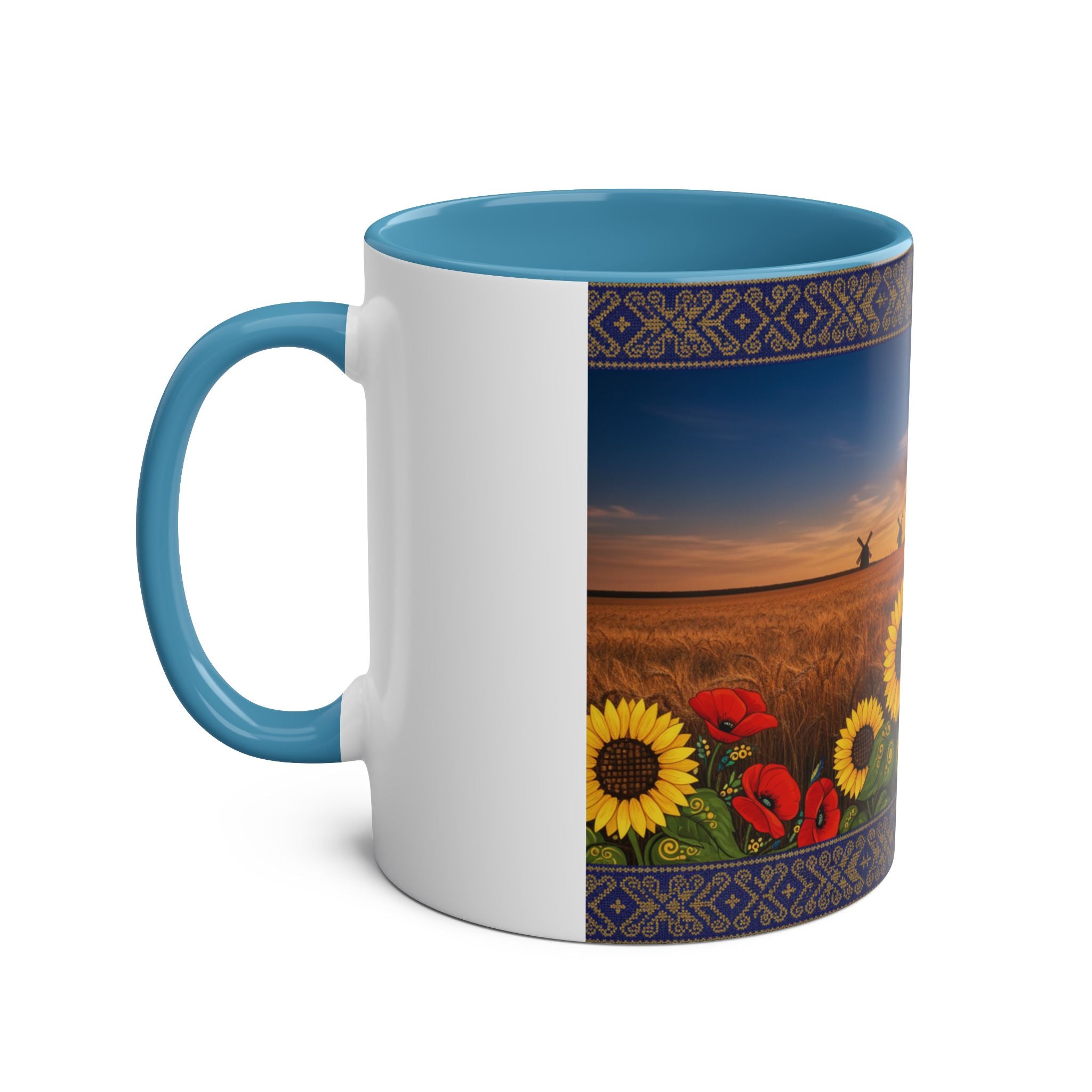 Sunflower Field Ceramic Mug — Two-Tone 11oz Coffee Cup with Sunrise & Windmills Design
