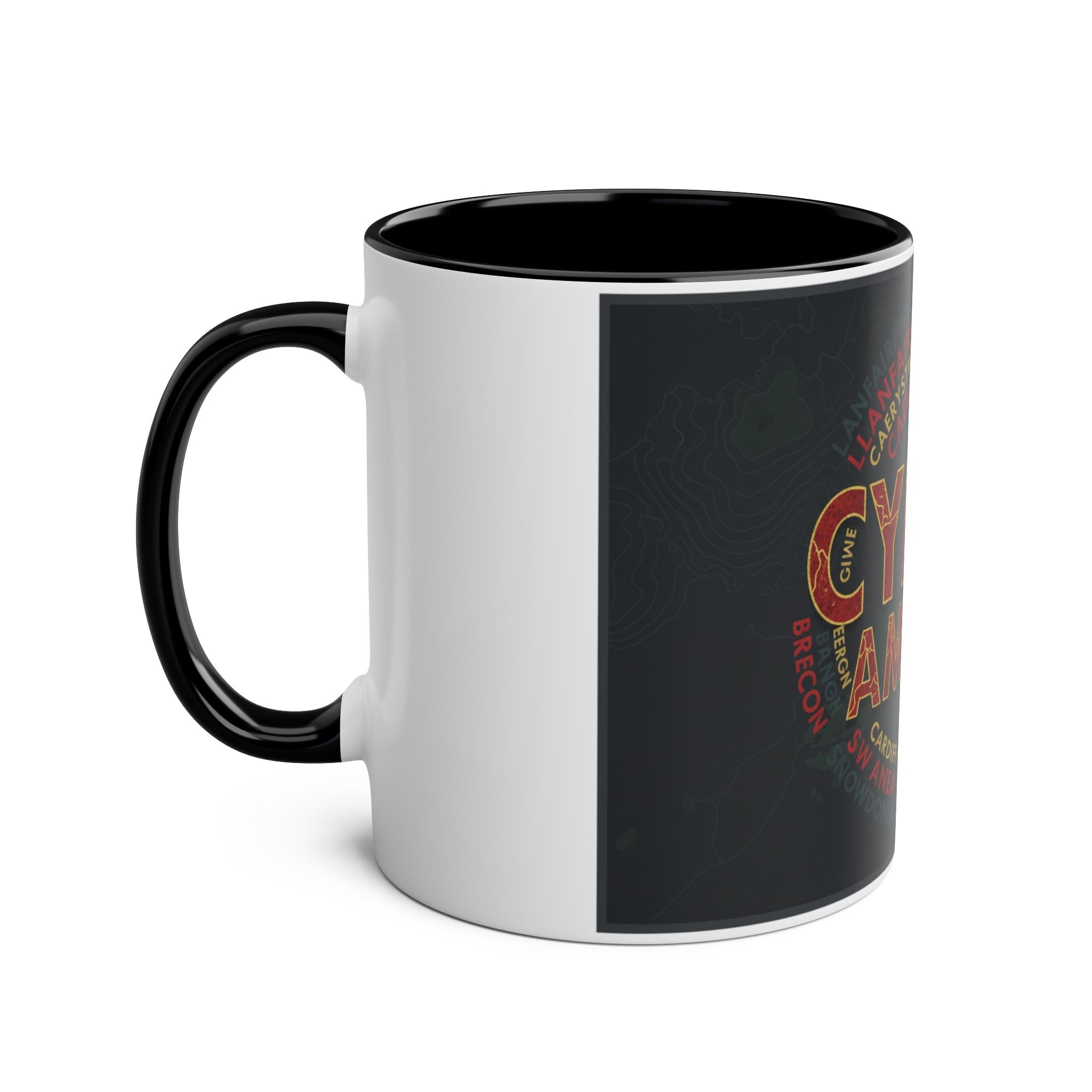 Cymru Am Byth Two-Tone 11oz Coffee Mug — Welsh Pride Map & Place Names