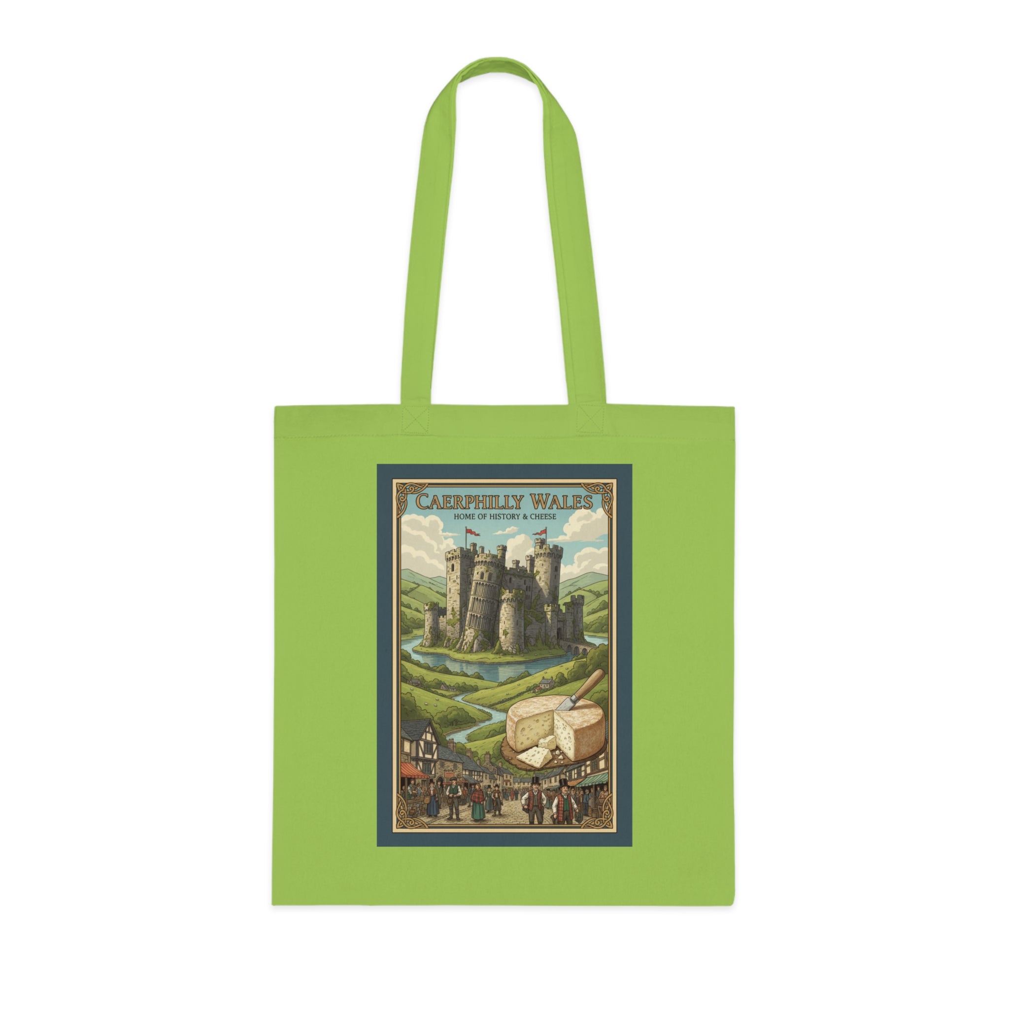 Vintage Castle & Cheese Market Cotton Tote — 'Caerphilly Wales' Retro Travel Poster Tote